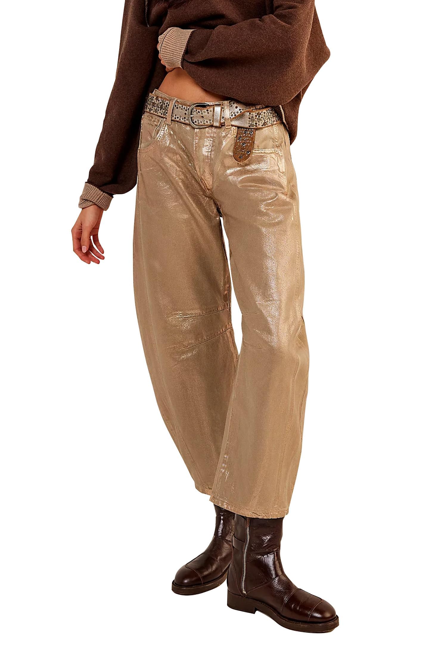 Kedera Women's Shiny Metallic Barrel Jeans - Straight Wide Leg Glitter Denim Pants - Y2K Disco Horseshoe Trousers for Party, Club & Retro Fashion Outfits