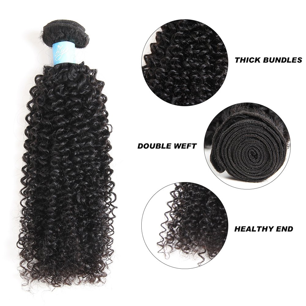 BLY 7A Mongolian Kinky Curly Human Hair Bundles 16/18/20 Inch Unprocessed Virgin Hair Weft Extensions for Black Women - Natural Color - Perfect for Protective Styles, Braids, and Weaves