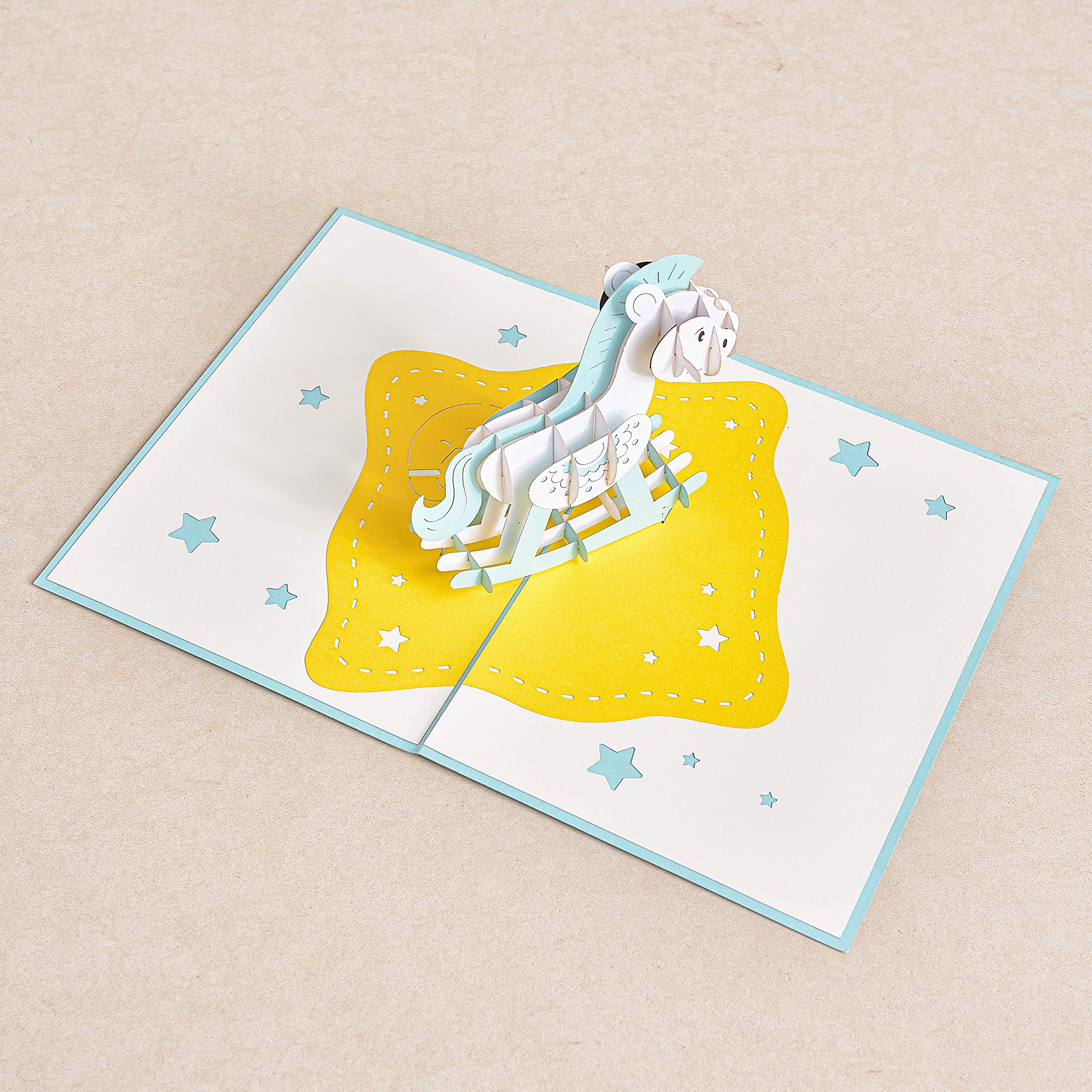 Blue Rocking Horse Pop Up Card - Baby Boy Shower, Newborn Congratulation & Baptism Greeting Card | Perfect for Baby Showers, Christenings & First Birthdays