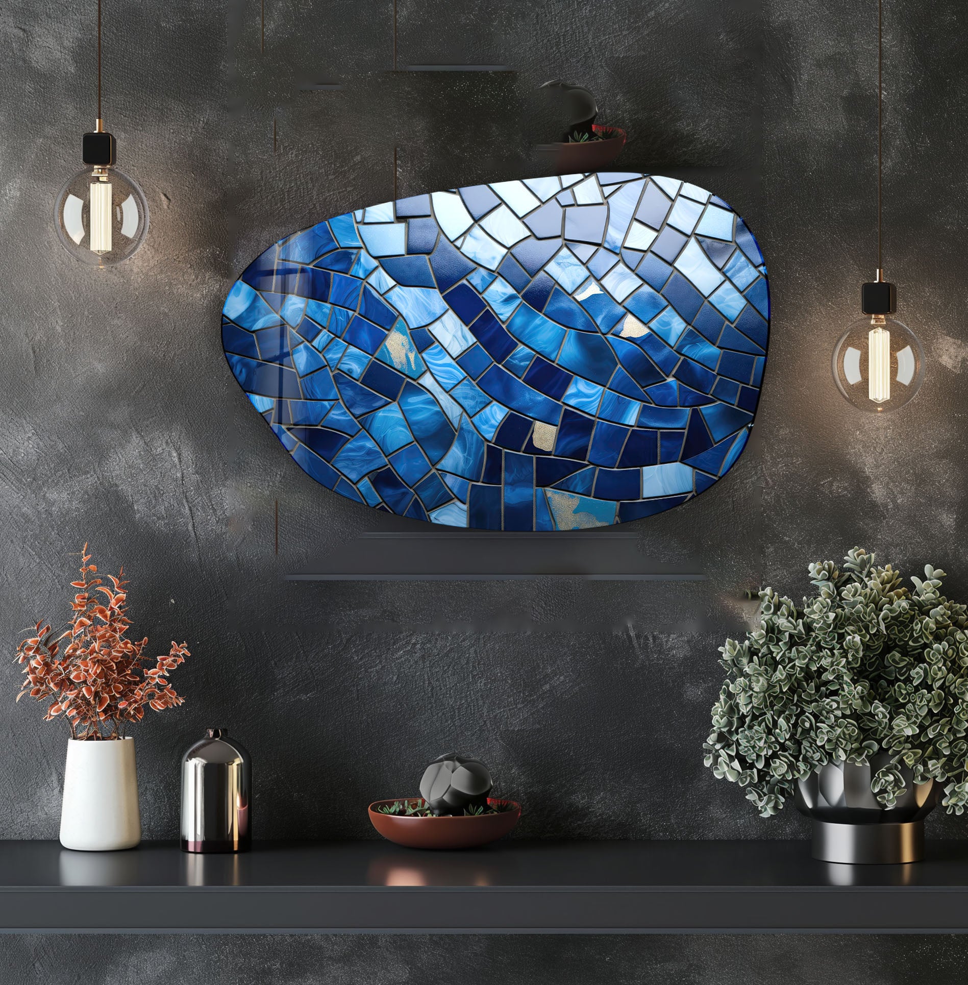 Handmade Blue Ceramic Tiles with Irregular Glass Mosaic - Modern Wall Art Decor for Bathroom, Kitchen Backsplash & Living Room Accent