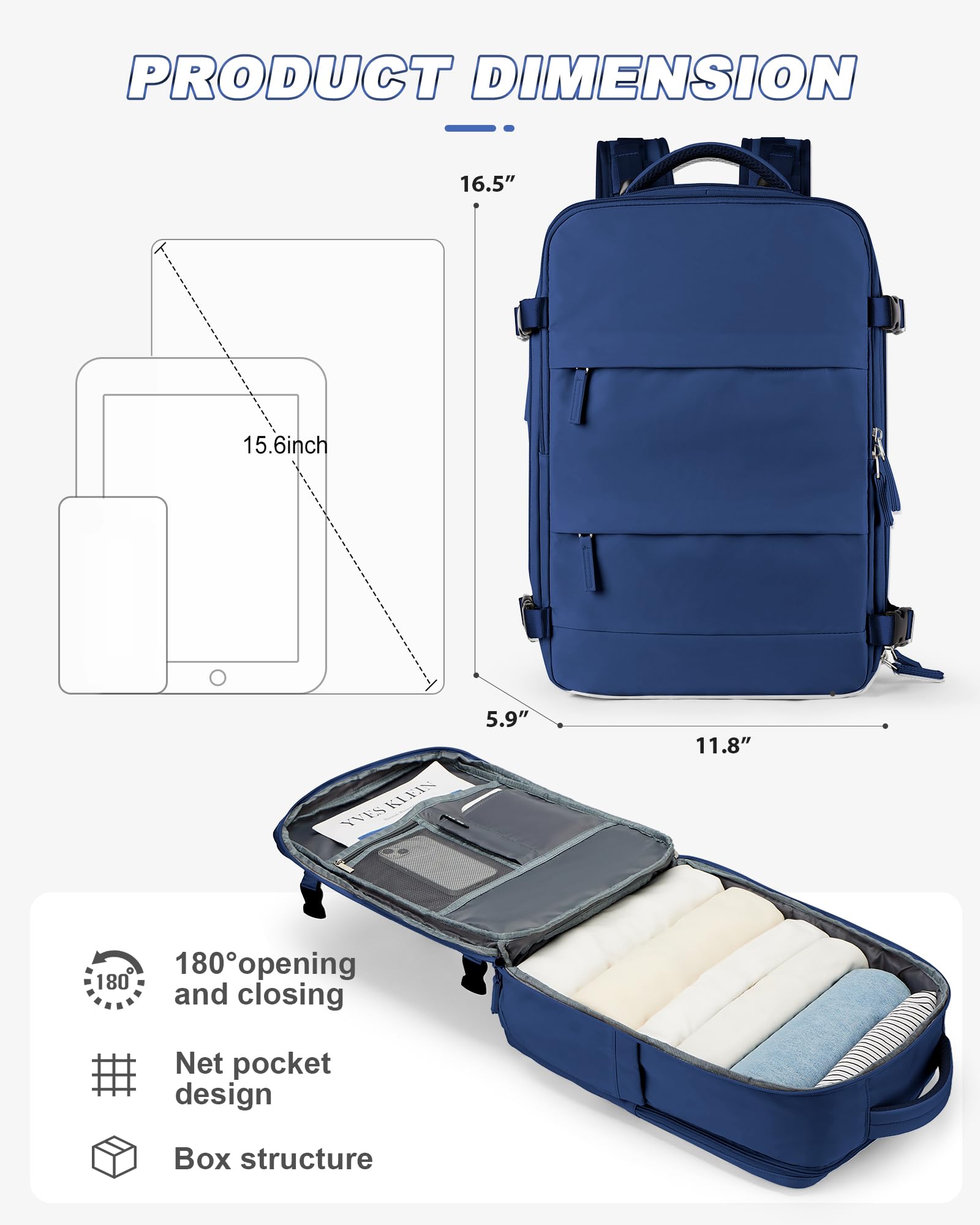 Men's Travel Backpack - Airplane Carry On Backpack for Women & Men, Lightweight Durable Traveling Backpack with USB Charging Port - Perfect for Business Trips, Hiking & Airplane Travel (Navy Blue)