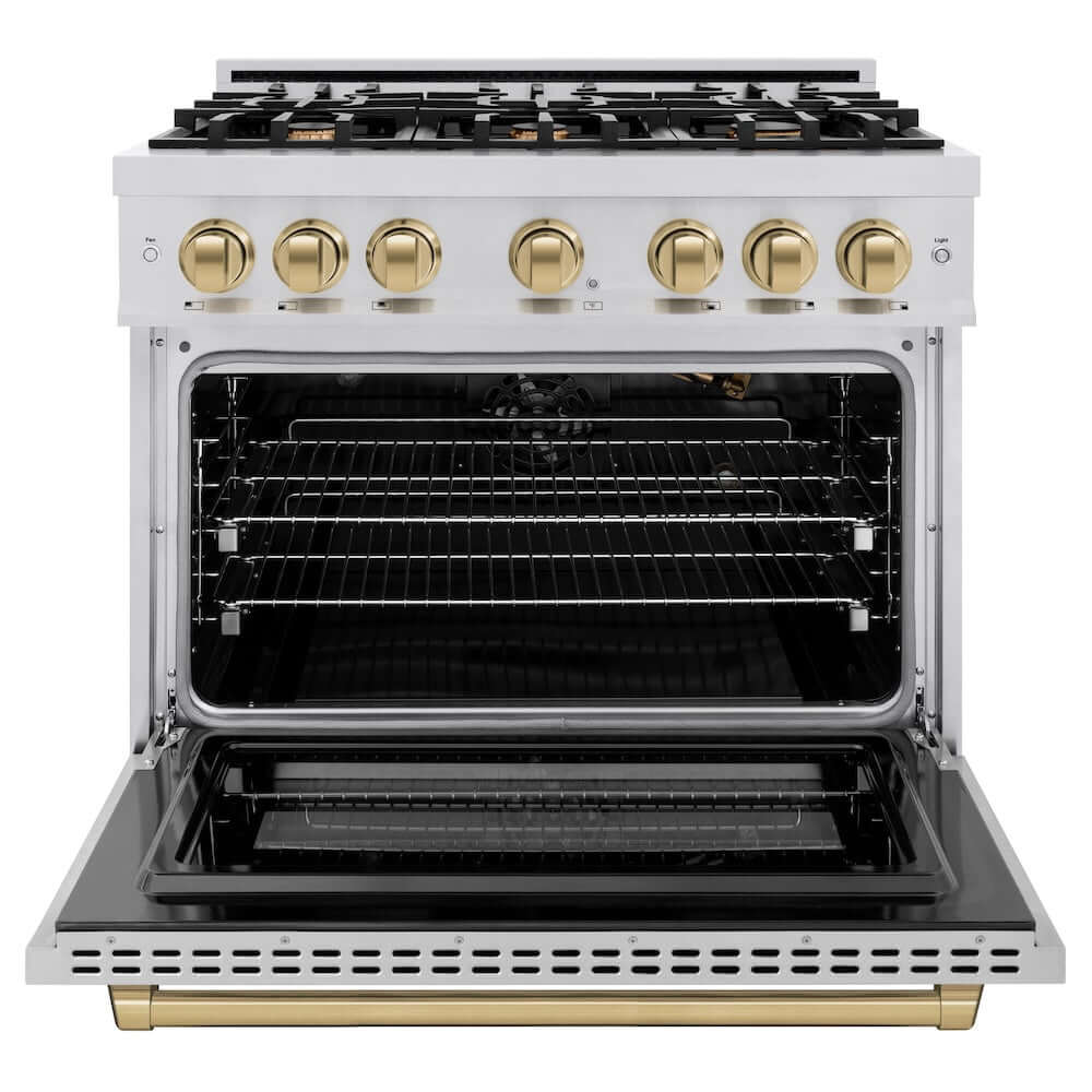 ZLINE Autograph Edition 36 Inch 5.2 Cu. Ft. Gas Range with 6 Burner Cooktop & Convection Oven - Stainless Steel with Champagne Bronze Accents (HGRZ 36 CB) - Perfect for Professional Kitchens & Home Chefs