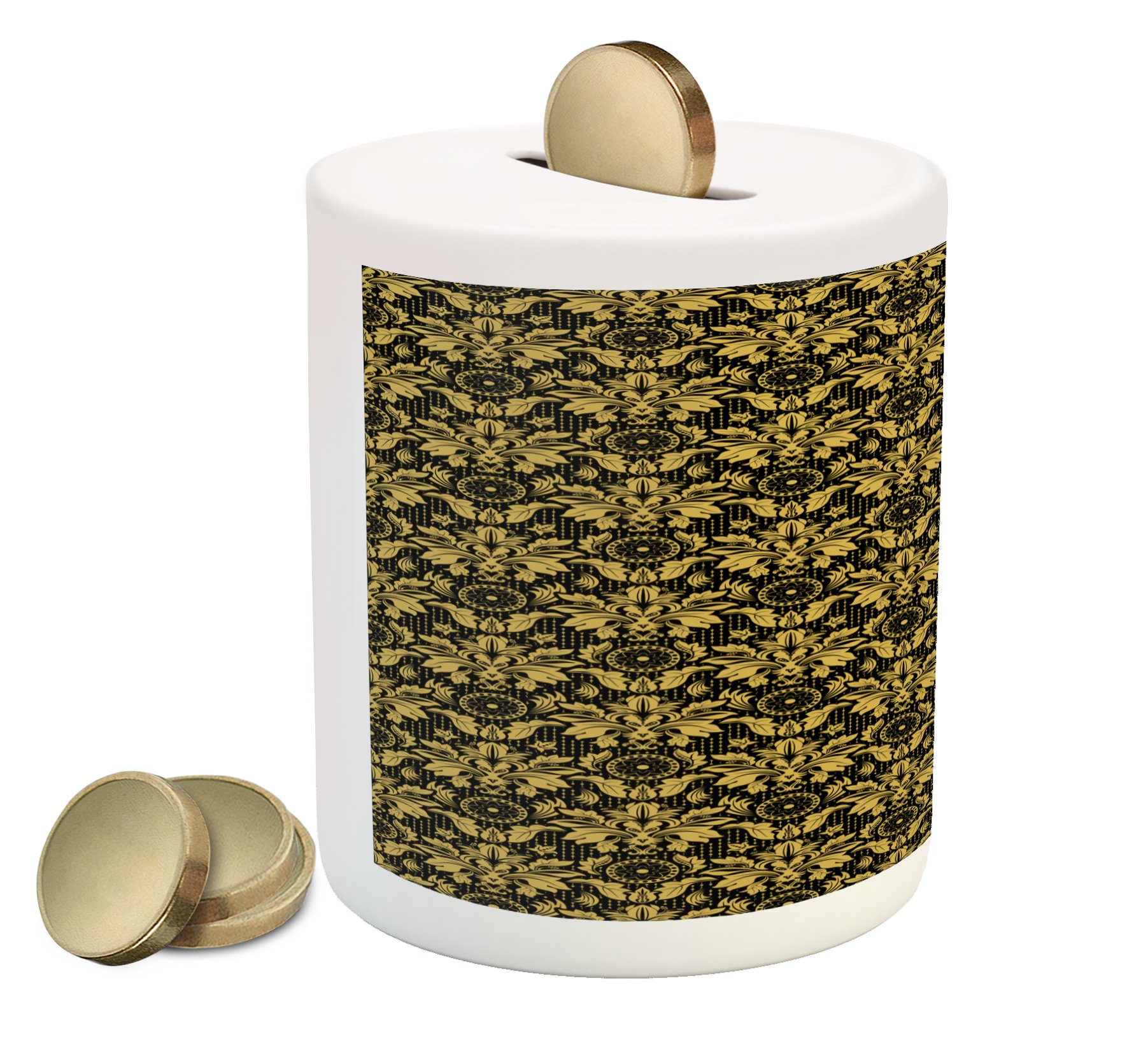 Ambesonne Vintage Ceramic Piggy Bank - Antique Victorian Damask Design with Rococo Foliage Motifs, Black & Yellow Money Box for Cash Savings | Perfect for Home Decor, Gift Giving & Financial Education for Kids