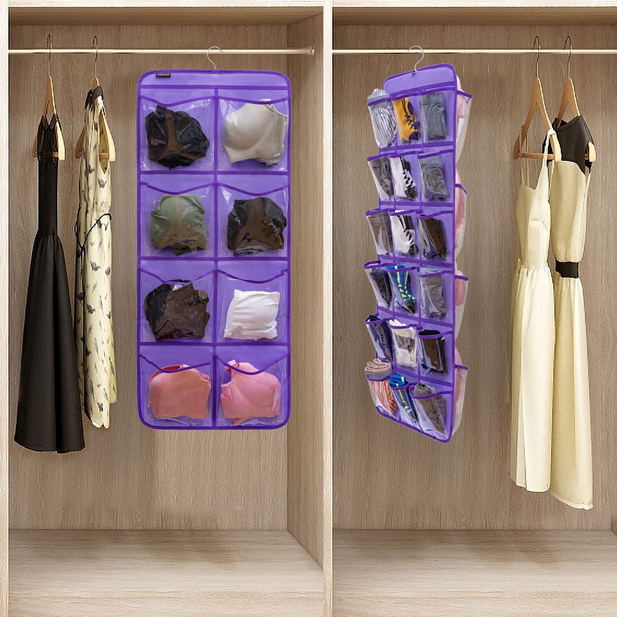 Dual-Sided Hanging Closet Organizer with 26 Pockets - Perfect for Socks, Underwear, Bras, Baby Clothes & Toddler Shoes (Purple-Clear Pockets) | Space-Saving Storage Solution for Kids' Rooms & Nursery Organization