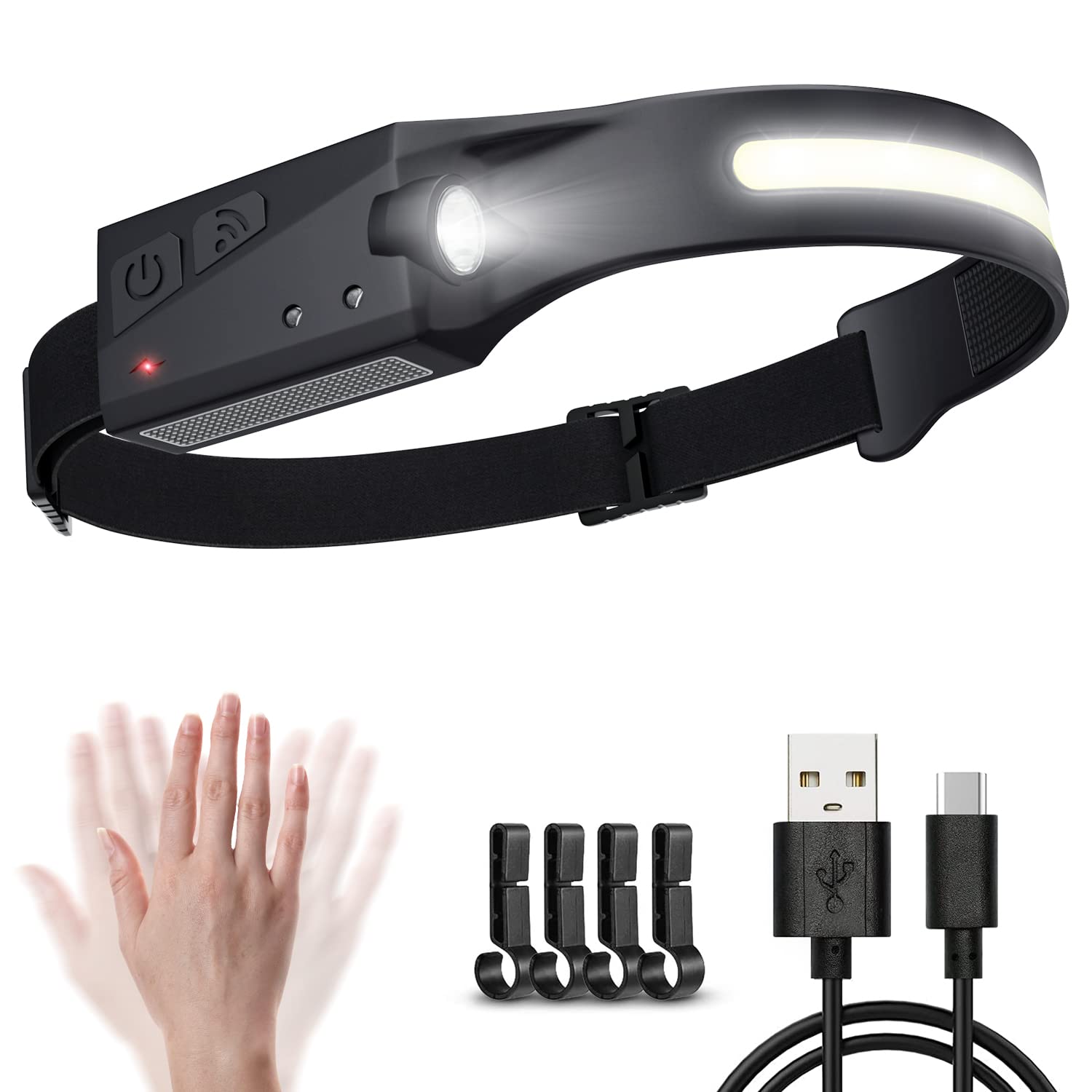 Rechargeable LED Headlamp with 230° Wide Beam & Motion Sensor - 5 Light Modes, Waterproof & Lightweight Headband Flashlight for Camping, Running, Hiking, Fishing & Outdoor Adventures