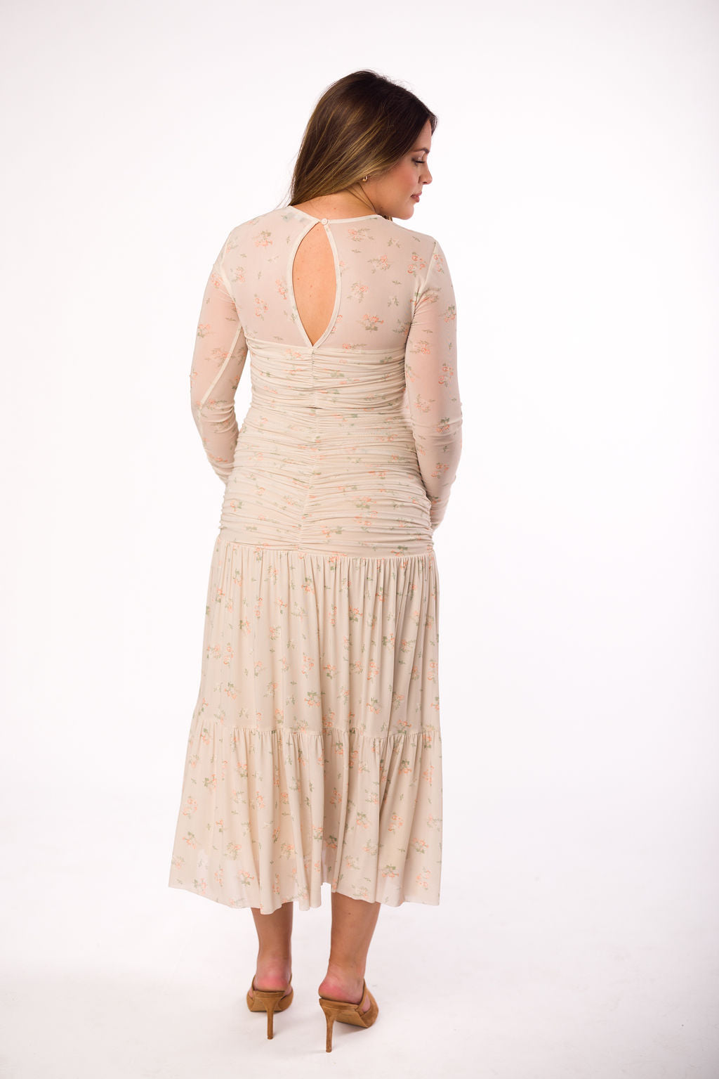 Camille Mesh Gathered Side Seam Maxi Dress in Nude Multi Floral - Bump Friendly Maternity Dress for Pregnancy, Nursing & Special Occasions | Comfortable & Stylish Flowy Dress for Baby Showers, Weddings & Summer Outfits
