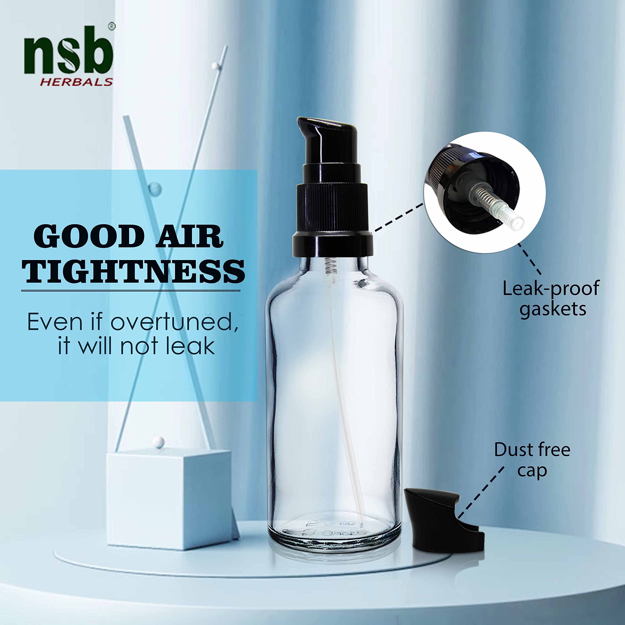 NSB Herbals 50ml Clear Round Empty Glass Bottle with Lotion Pump & Black Cap - Essential Oil Bottles, DIY Skin Care, Cosmetic Containers (Pack of 3) | Perfect for Aromatherapy, Homemade Serums & Travel-Sized Beauty Products