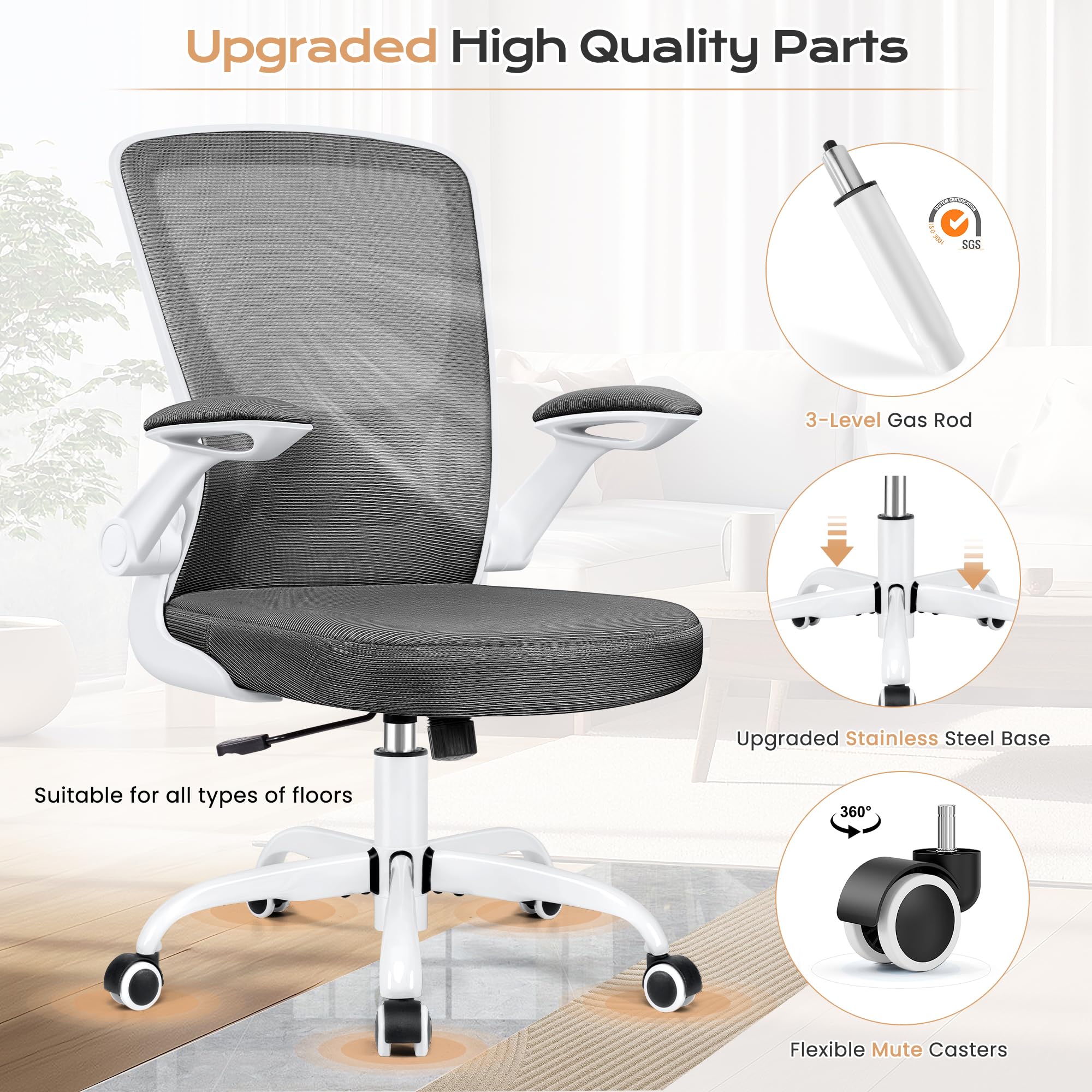 KERDOM Ergonomic Office Chair with Lumbar Support - Adjustable Height Mesh Computer Chair with Wheels & Flip-Up Arms - Swivel Task Chair for Home, Gaming & Workspaces - Perfect for Long Hours of Work or Gaming