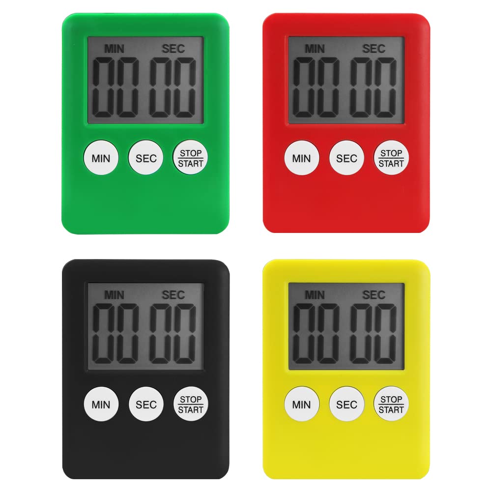 4-Pack Digital Kitchen Timer with Magnetic Back - Countdown Stopwatch Alarm Clock for Cooking, Baking, Gym, Study & Teeth Brushing (4 Colors) - Perfect for Home, School & Office Use