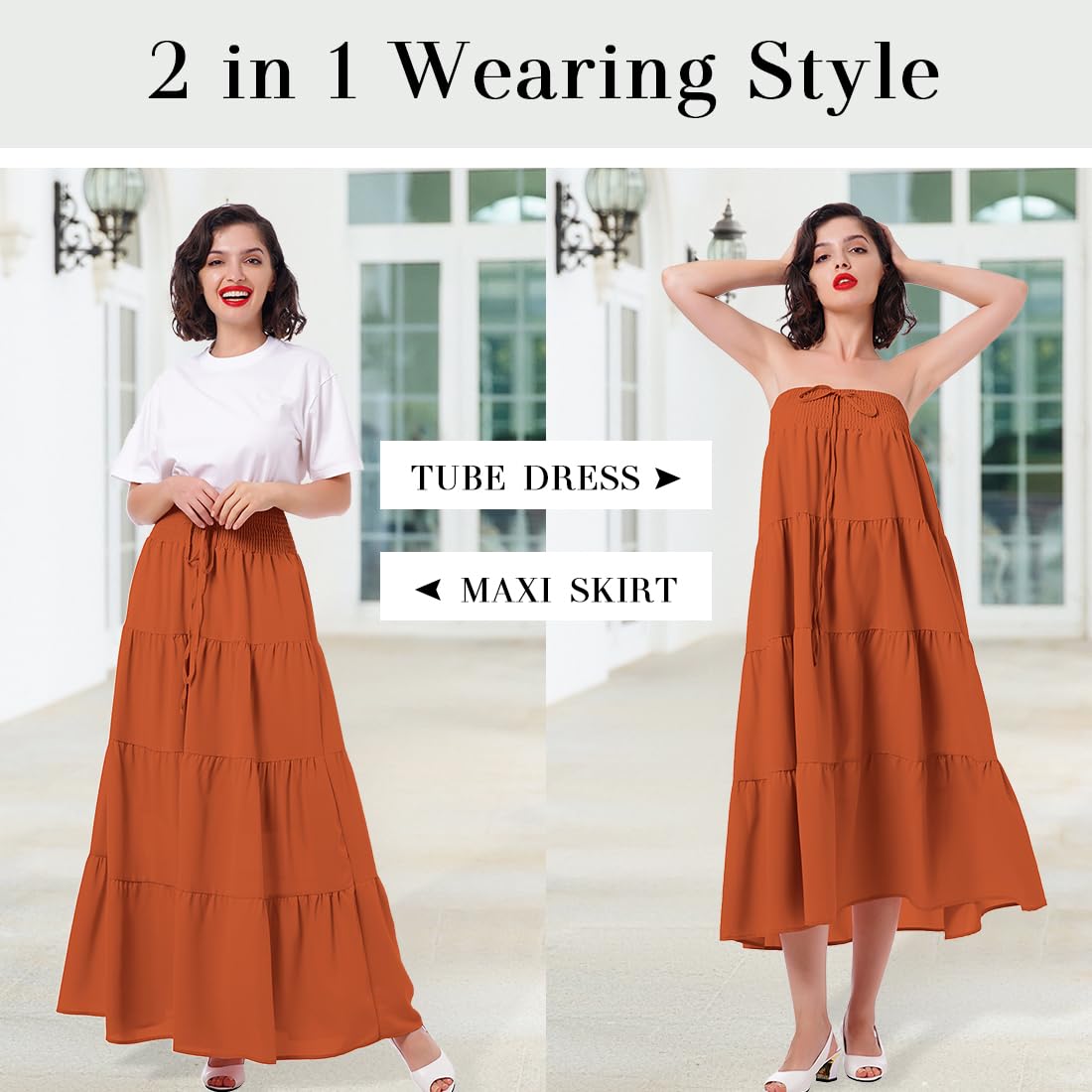 Boho Elastic Waist A-Line Ruffle Maxi Skirt Dress for Women - Convertible Beach Skirt with Drawstring, Chiffon Pleated Long Skirt | Perfect for Summer Vacations, Beach Outings & Boho Fashion