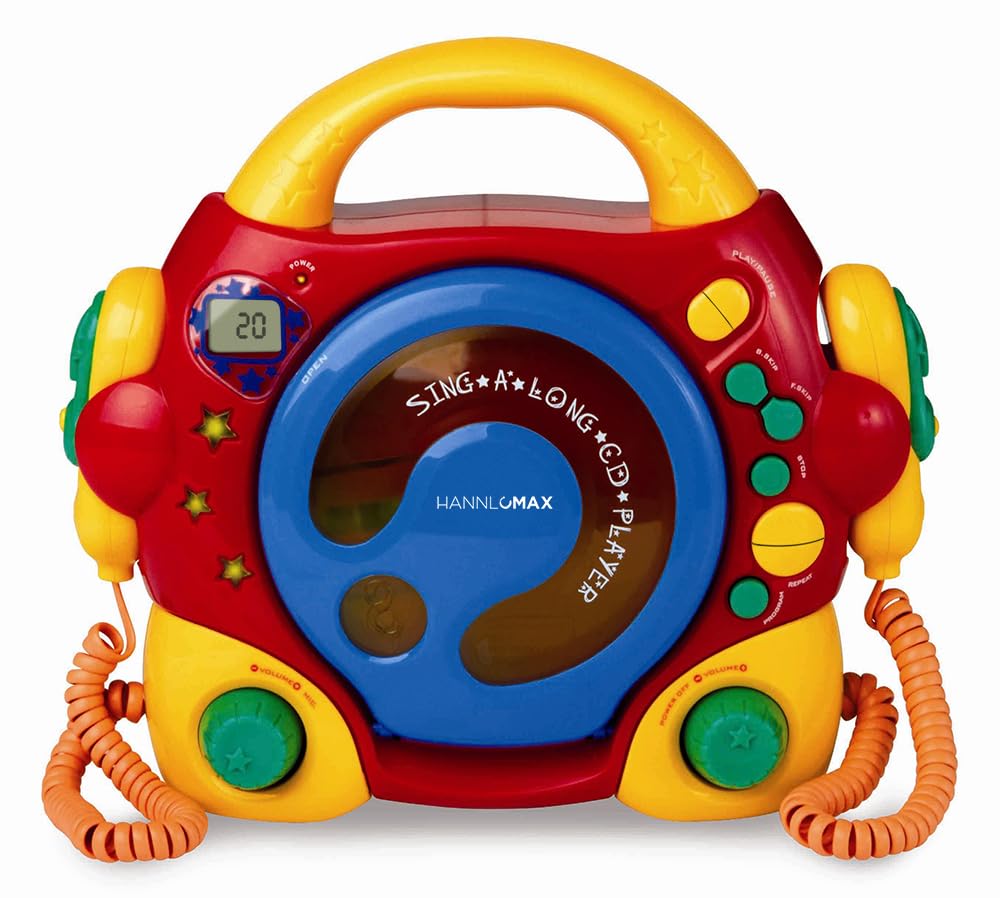 HANNLOMAX HX-335CD Portable CD/MP3 Player with Dual Karaoke Microphones, USB Playback, LED Display & Headphone Jack - Perfect for Kids Sing-Along, Travel & Home Entertainment (Red/Yellow)