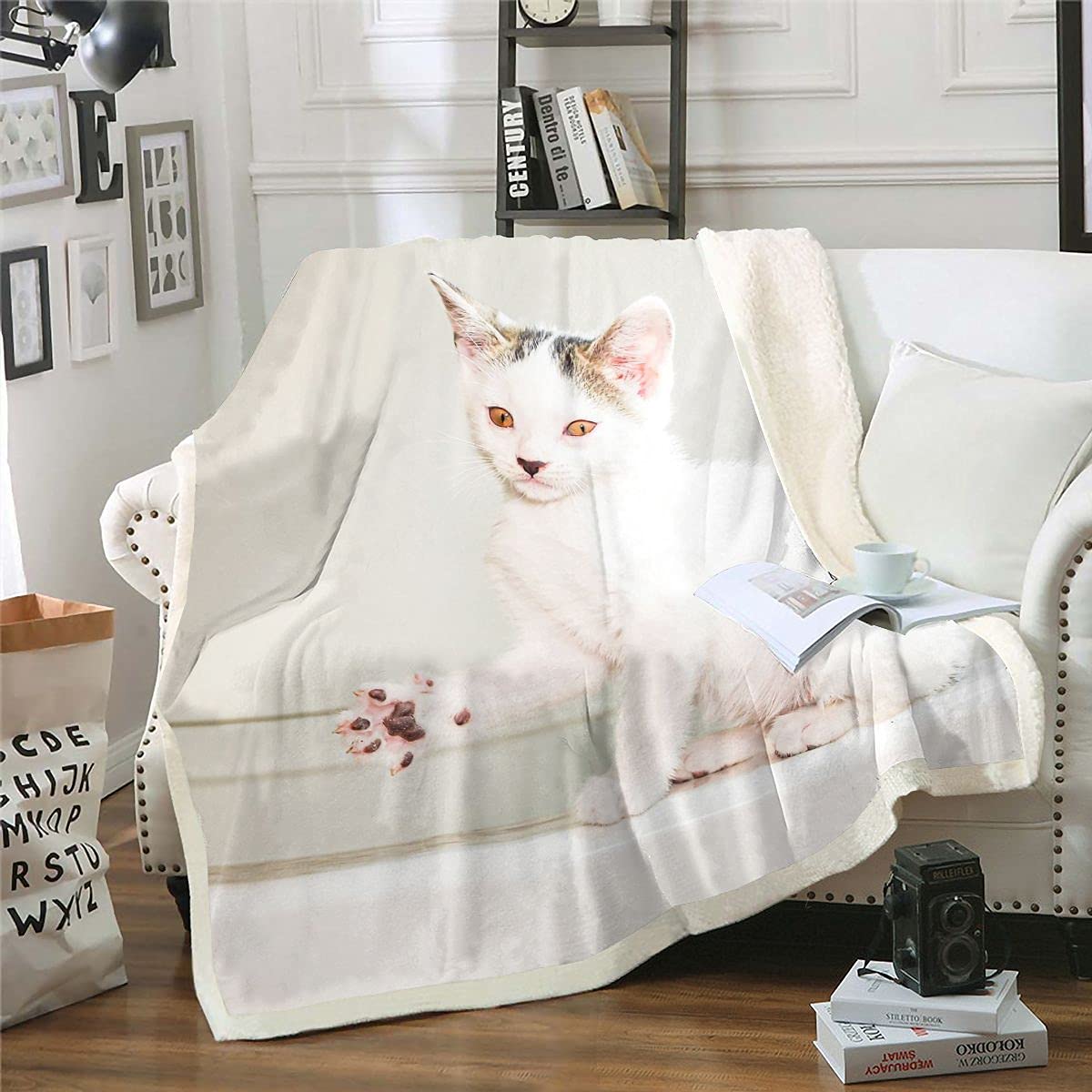 Soft 3D Cat Sherpa Blanket - Cute Pet Pattern Fleece Throw for Bed, Sofa & Couch - Warm Plush Animal Theme Blanket (30x40 Inches, White) - Perfect for Cozy Nights, Baby Nursery & Winter Home Decor