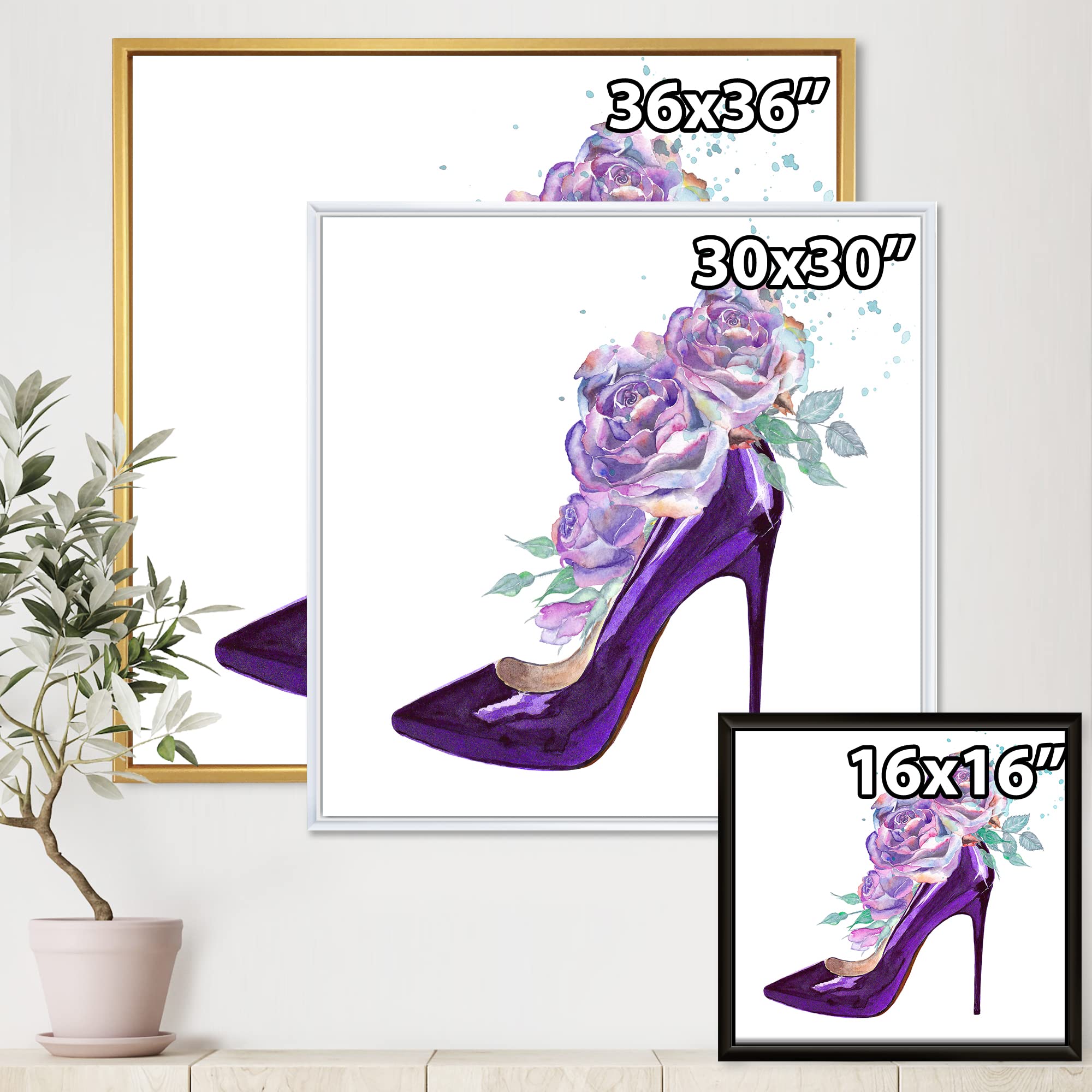 Dark Purple Stiletto Shoes with Pink Violet Roses - Elegant Canvas Wall Art Print for Home Decor | Perfect for Living Room, Bedroom & Office Wall Decoration