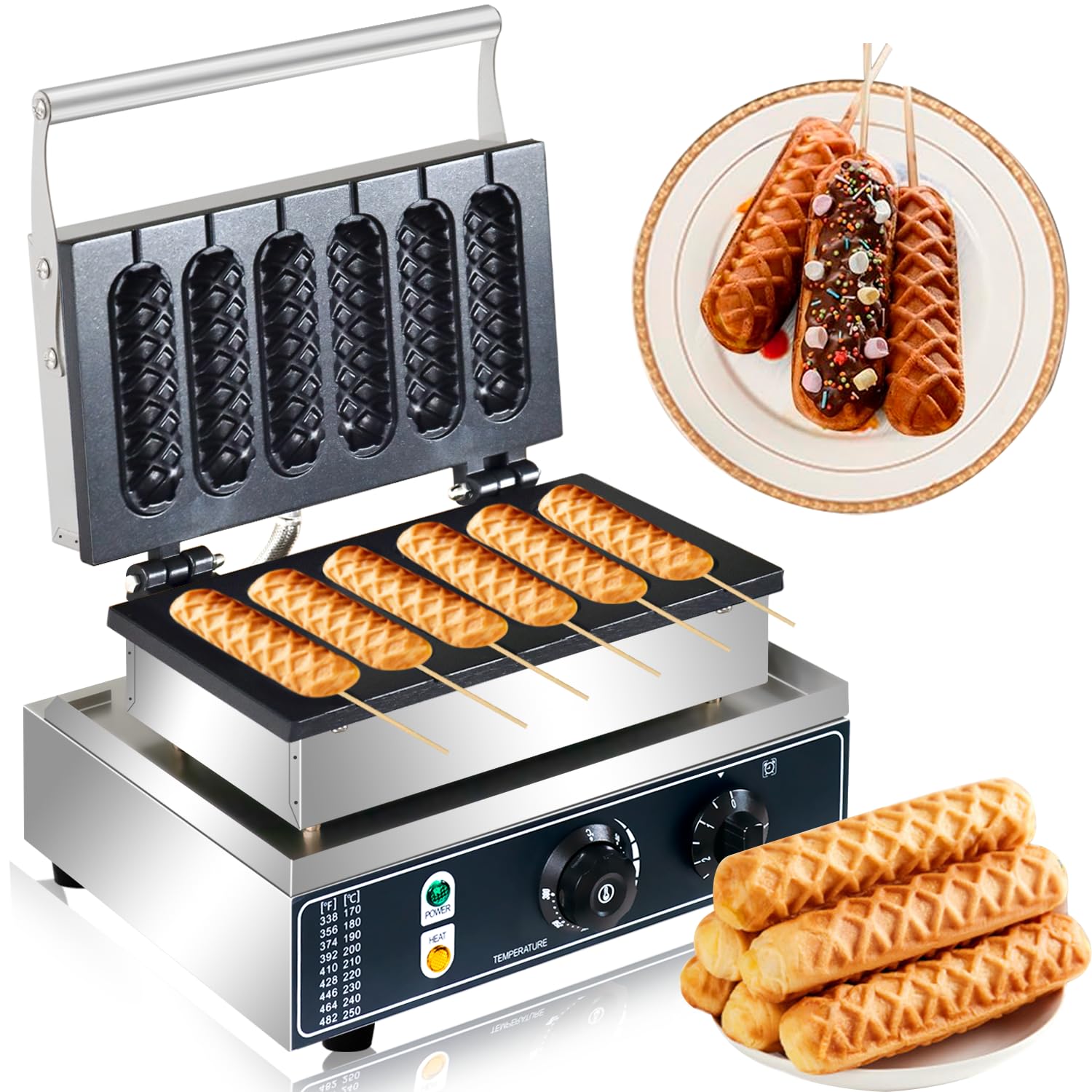 Commercial Corn Dog Waffle Maker 1600W - 6 Slice Non-Stick Stainless Steel Waffle Iron with Temperature & Time Control - Perfect for Restaurants, Bakeries, Snack Bars & Home Use - Make Delicious Corn Dog Waffles with Lolly Sticks for Parties, Events & Quick Snacks