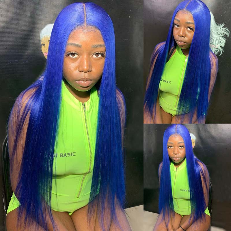 Eullair Blue Body Wave Human Hair Wig with Layered Curtain Bangs | Glueless Lace Frontal Wig | Straight & Wavy Style | Perfect for Cosplay, Halloween & Daily Fashion