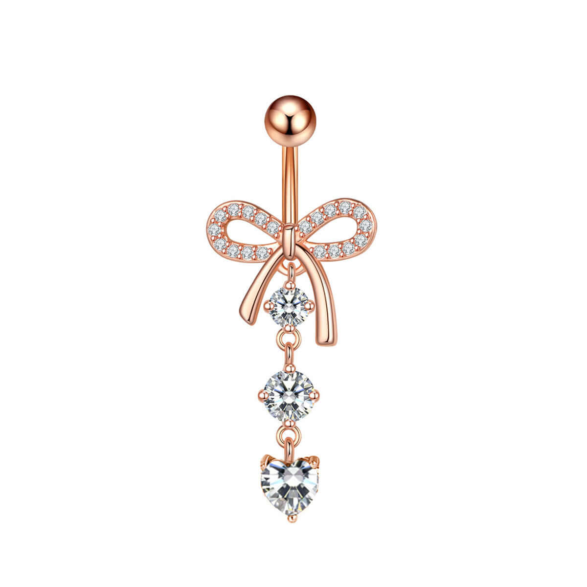Rose Gold CZ Bow Dangle Belly Button Rings | Q0275 | Perfect for Piercing Jewelry, Belly Button Rings for Women, Trendy Body Jewelry for Summer Outfits and Beach Wear