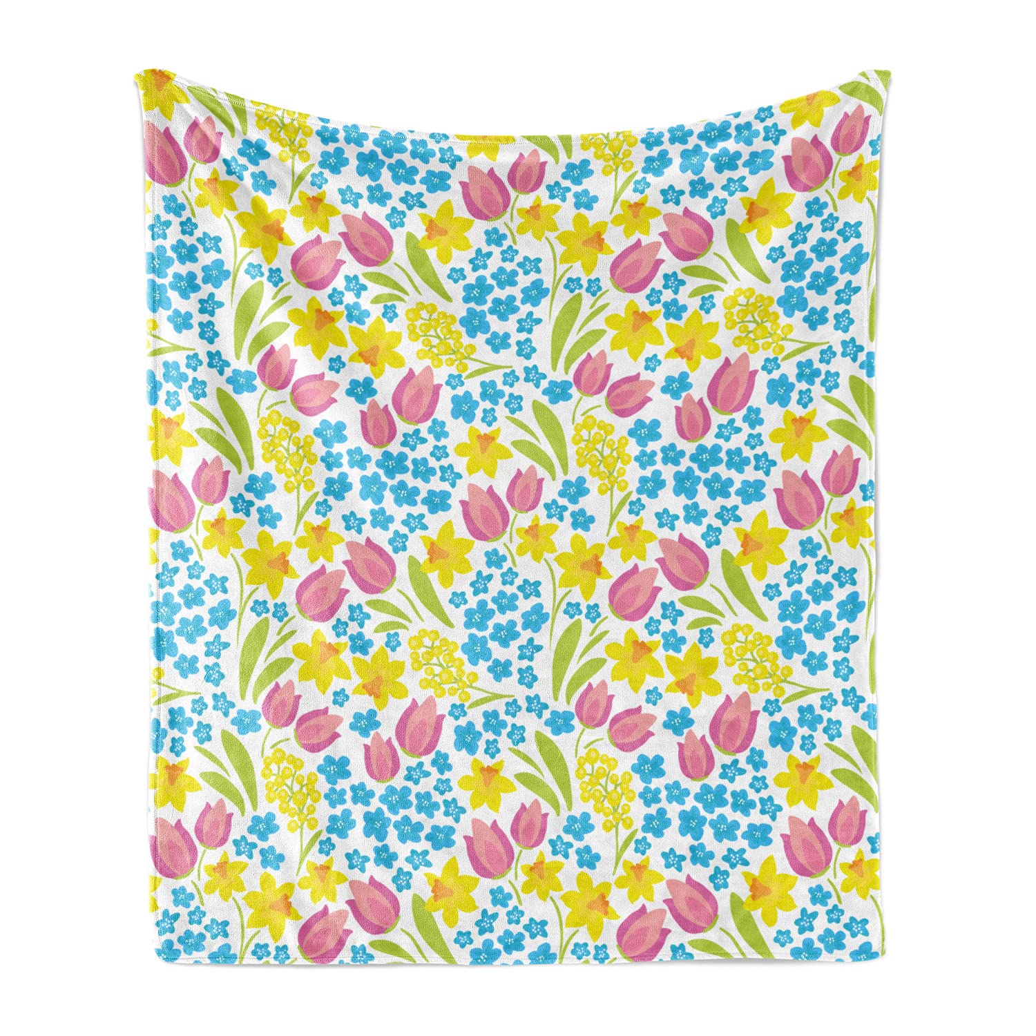Ambesonne Floral Throw Blanket - Spring Meadow with Daffodils Tulips & Mimosas - Soft Fleece Couch Cover 70x90 Inches - White & Multicolor Accent Blanket for Living Room, Bedroom & Outdoor Picnics
