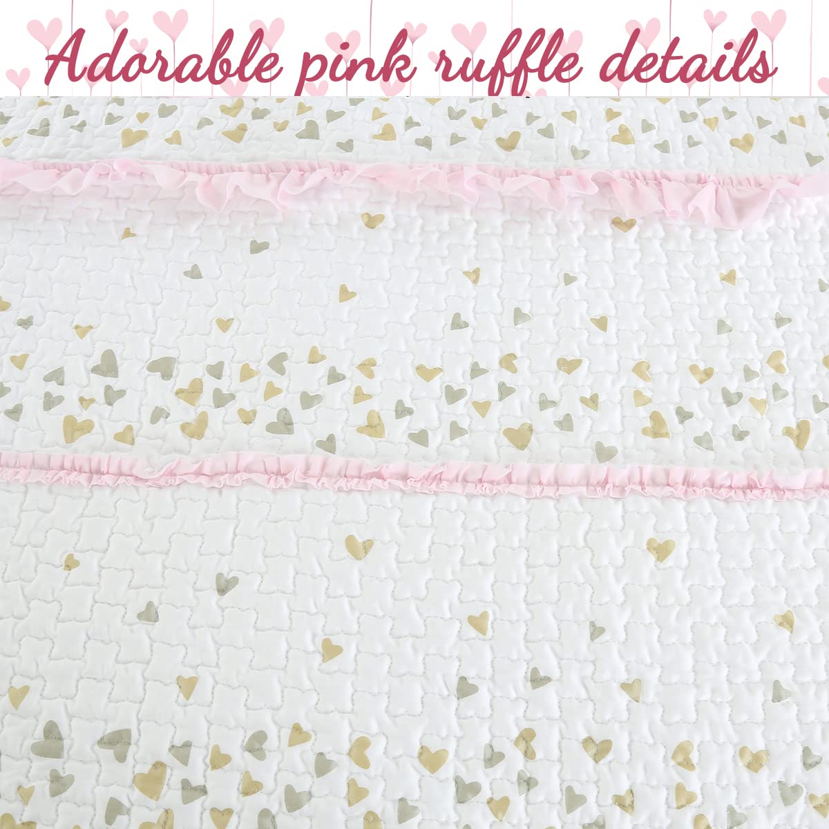 Pink Ruffle Metallic Printed Hearts Reversible Quilt Bedding Set - 3 Piece Queen Size (1 Quilt + 2 Shams) | Cozy Line Home Fashions | Soft Cotton Coverlet & Bedspread | Perfect for Girls' Bedroom, Nursery Decor or Valentine's Day Gift