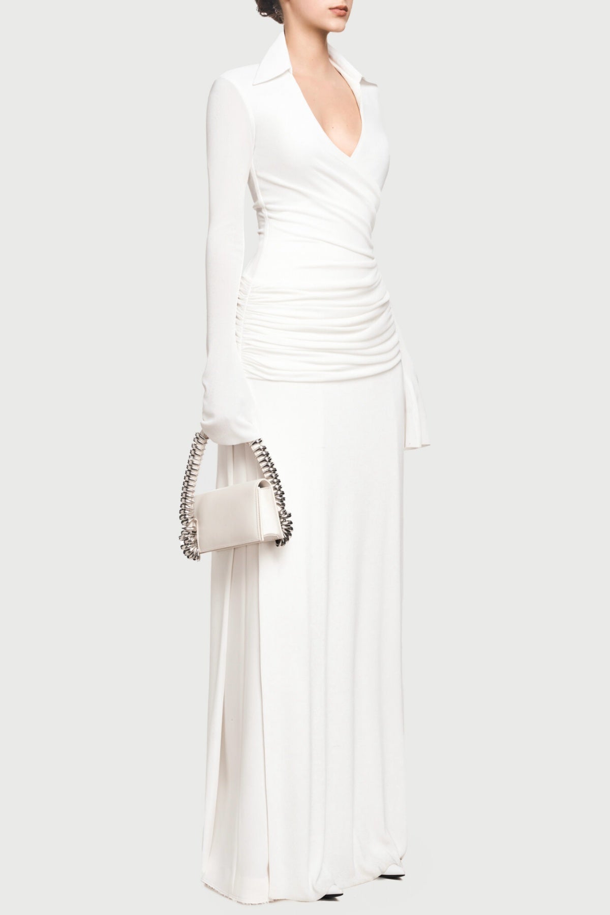 Alistair Shirt Collar Draped Maxi Dress in White | Elegant Long Sleeve Formal Gown for Weddings, Parties & Evening Events