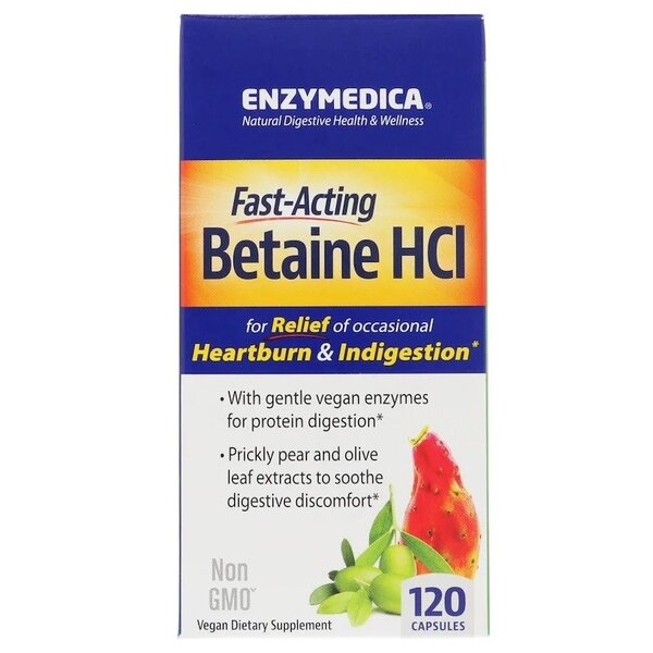 Enzymedica Betaine HCl Supplement - 120 Capsules for Digestive Support & Stomach Acid Balance | Ideal for Gut Health & Nutrient Absorption