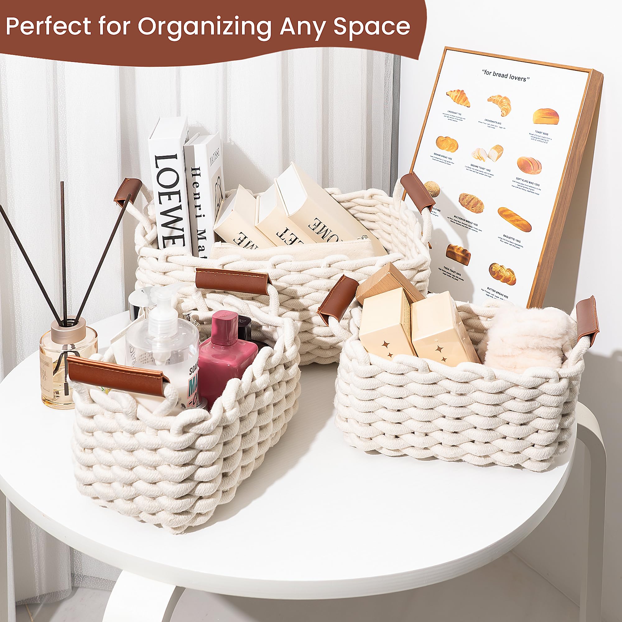 3-Pack Cotton Rope Storage Baskets with Handles - Multi-Purpose Organizer for Diapers, Toys, Bathroom & Closet - Decorative Shelving Bins for Home Organization (Beige/Natural) - Perfect for Nursery, Bedroom & Living Room Storage Solutions