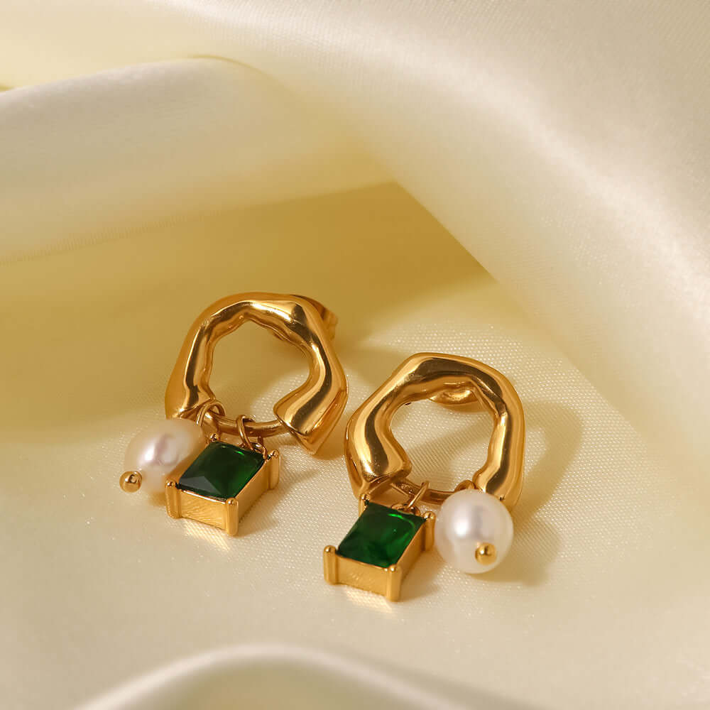 18K Gold Pearl Baguette Huggie Hoop Earrings for Women | Elegant Dainty Pearl Stud Earrings | Perfect for Weddings, Parties & Everyday Wear (JDE251)
