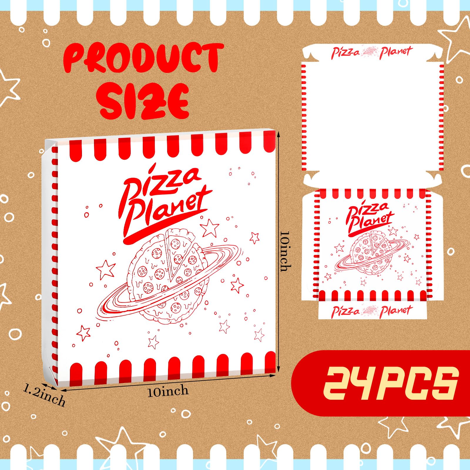 24-Piece Mini Pizza Planet Pizza Boxes - 10 Inch Small Dessert Boxes for Party Favors, Themed Decorations & Storytelling Decor - Perfect for Birthday Parties, Baby Showers & Movie Nights