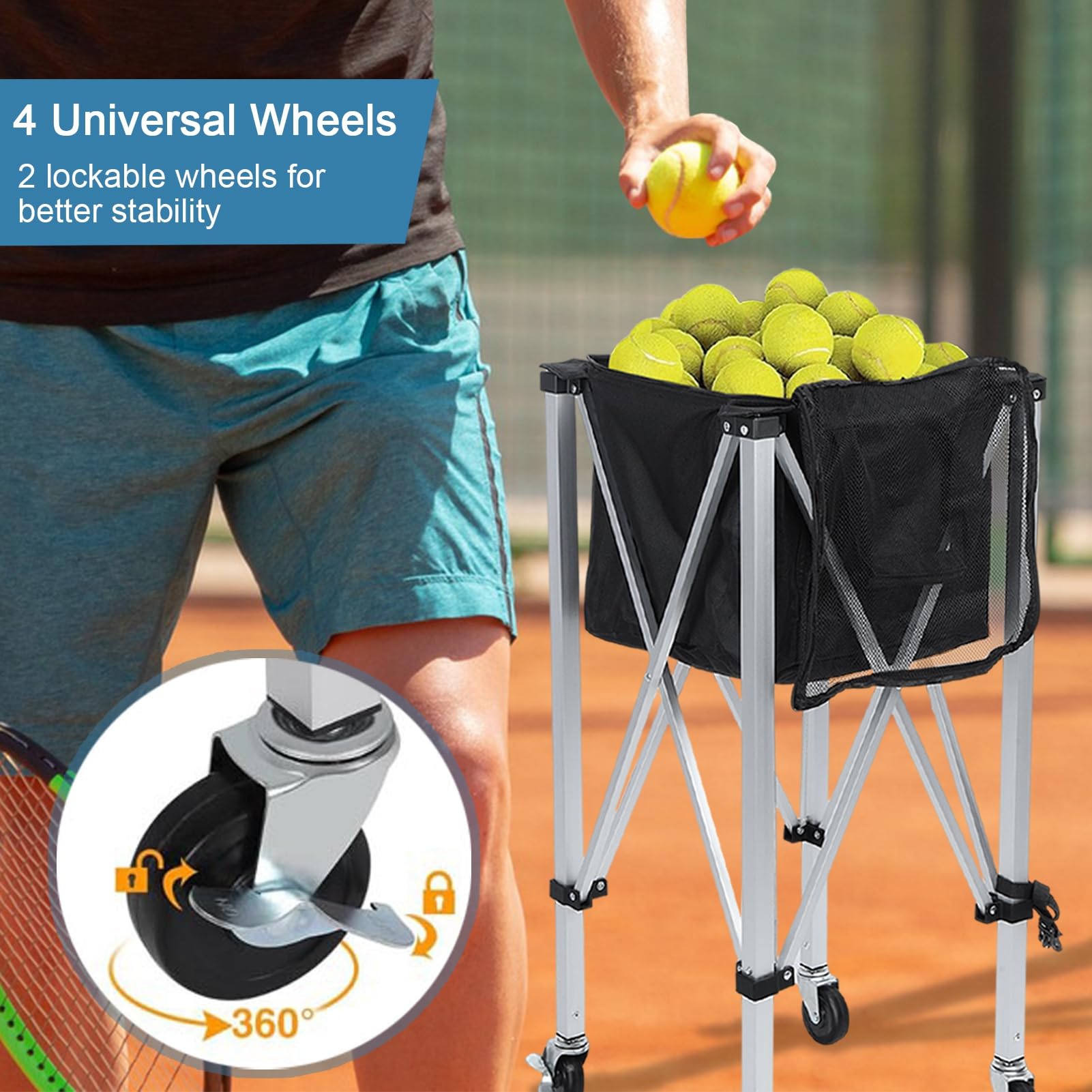 Foldable Tennis Ball Cart - Portable Tennis Ball Hopper with Wheels Holds 160 Balls | Lightweight Tennis Ball Carrier with Removable Bag & Side Pockets | Perfect for Tennis Practice, Coaching & Sports Training (1 Set)