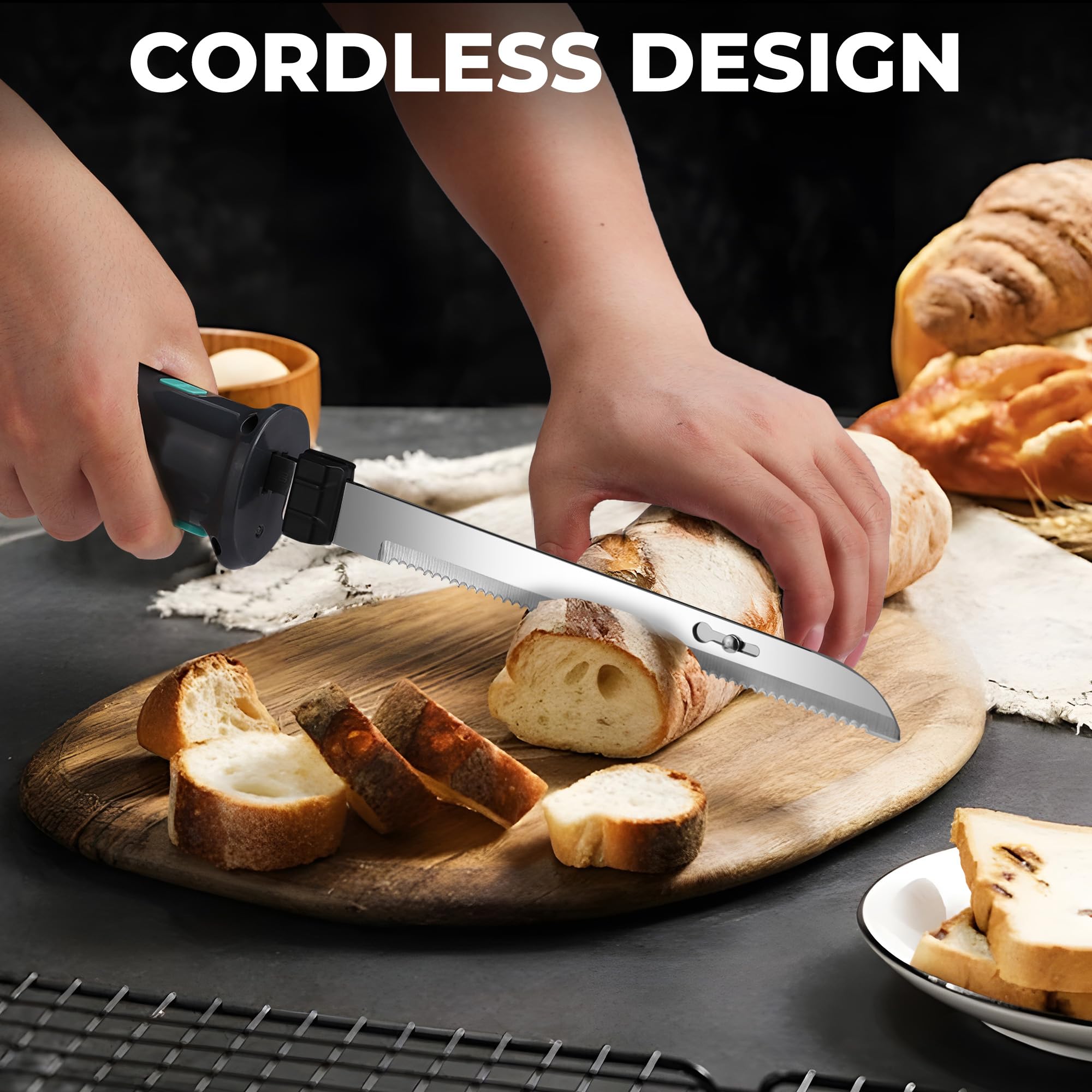 HAUSHOF 8V Cordless Electric Knife Set - Rechargeable Meat Cutter with Stainless Steel Blades for Slicing Turkey, Fish, Bread - Includes Safety Lock & Storage Case - Perfect for Holiday Cooking, BBQ, and Kitchen Prep