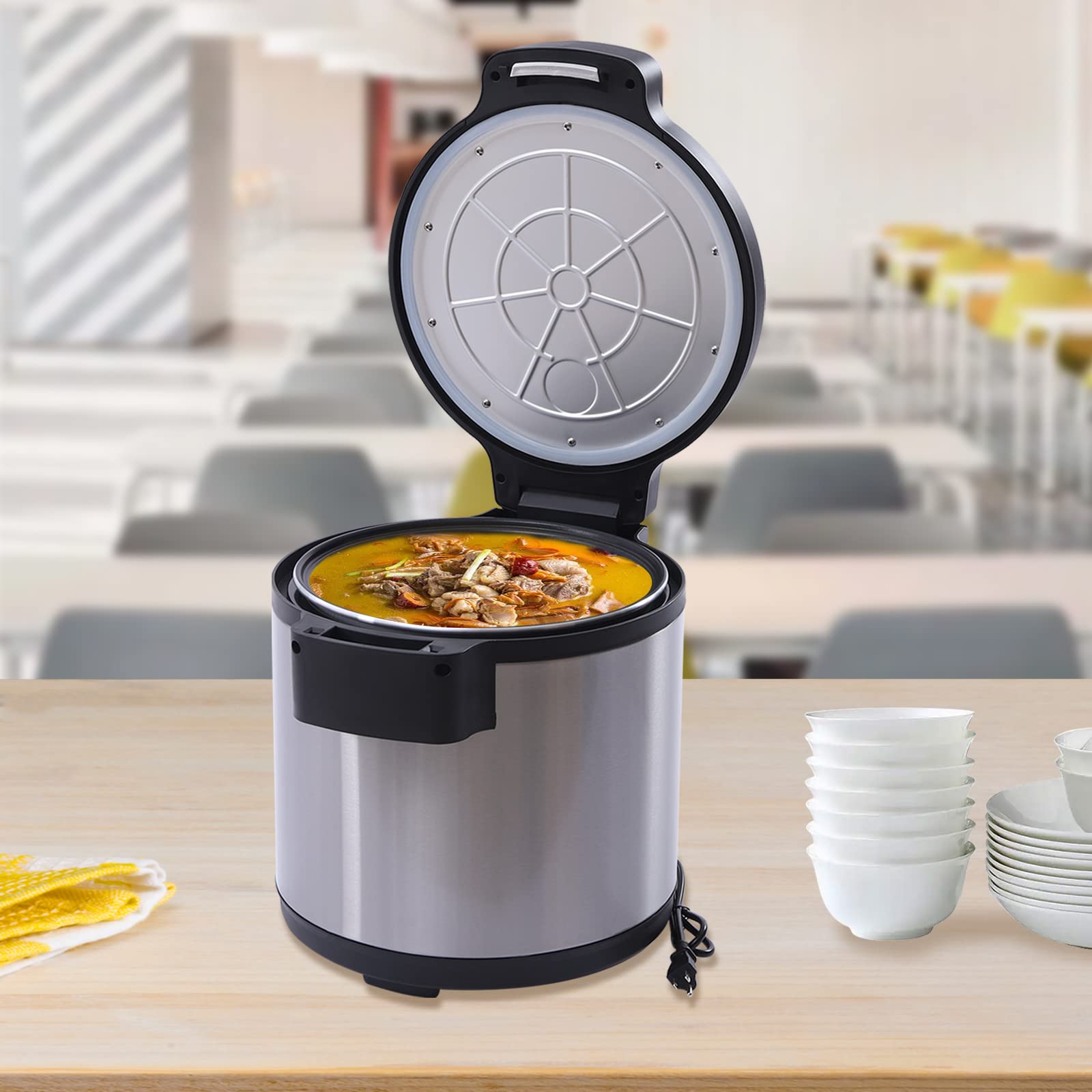 110W Commercial-Grade Electric Rice Warmer & Cooker - 19L/20Qt Stainless Steel with Non-Stick Inner Pot & Cover - Perfect for Restaurants, Catering & Home Kitchens - Includes Rice Scoop (Silver)