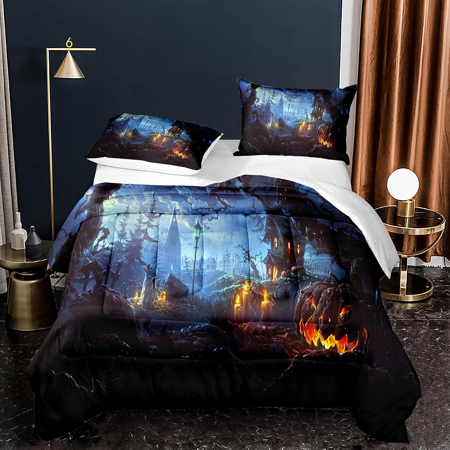 EDUMEYA Halloween Comforter Set King Size - Spooky Castle & Pumpkin Lantern Design - Scary Festival Bedding for Kids & Adults - Includes 1 Comforter & 2 Pillowcases - Perfect for Halloween Decorations & Themed Bedrooms