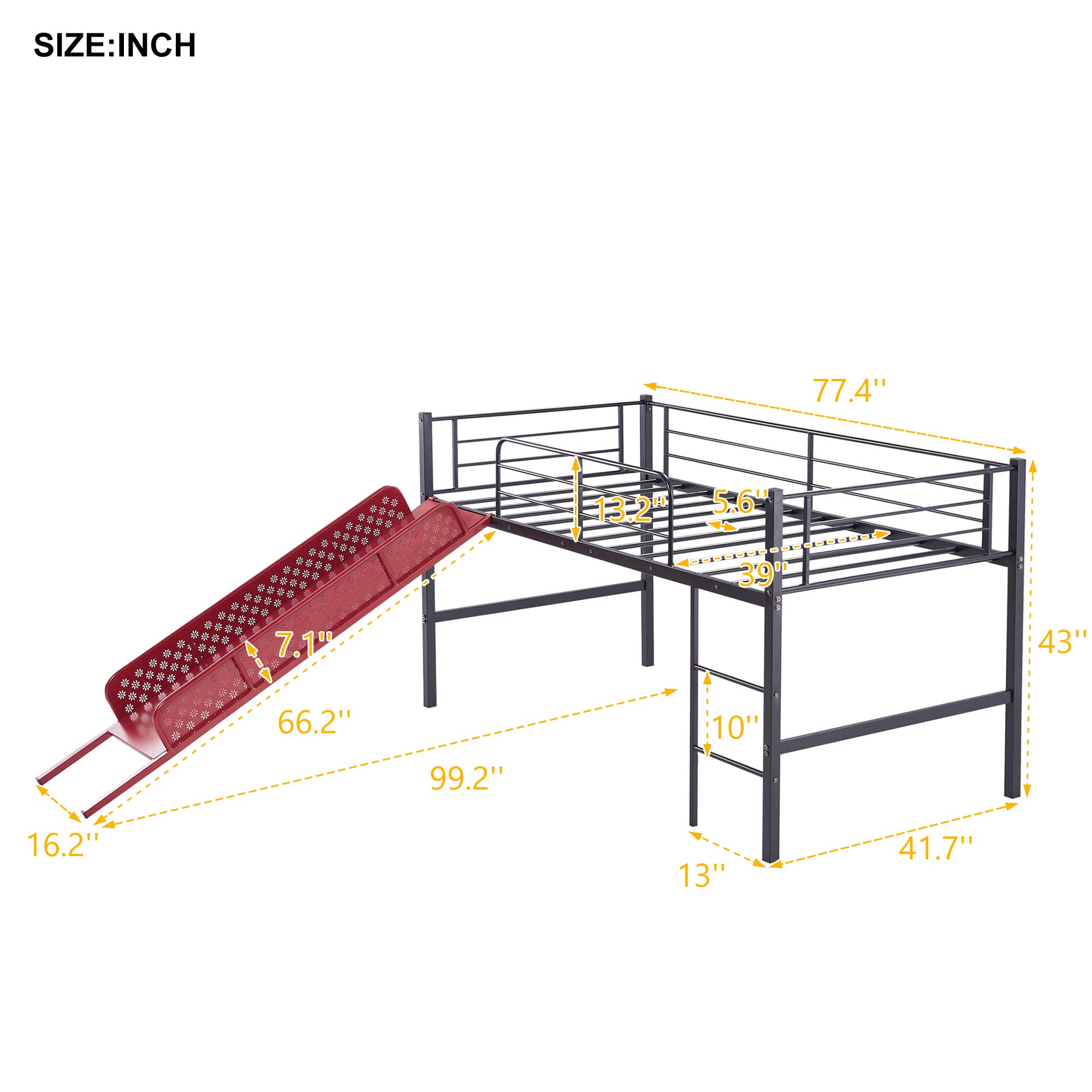 **Kids Twin Loft Bed with Slide - Sturdy Metal Low Loft Bed, Built-in Ladder & Safety Guard Rail, Multifunctional Space-Saving Design, No Box Spring Required (Red) - Perfect for Small Bedrooms, Playrooms & Dorm Rooms**