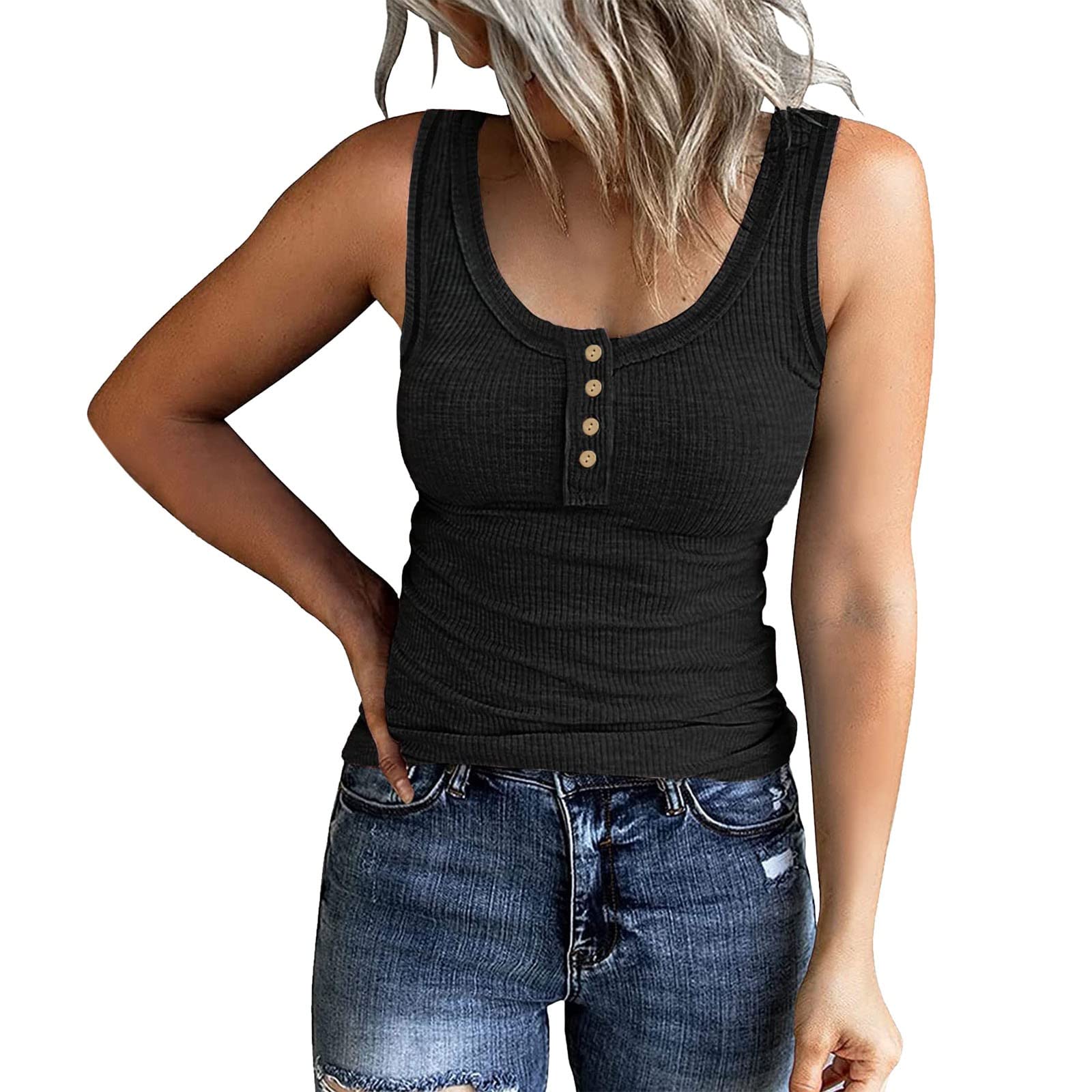 Women's Summer Button-Down Shirt Vest - Casual Sleeveless Knit Top with Round Neck & Solid Color | Perfect for Beach Outfits, Vacation Wear & Everyday Casual Style