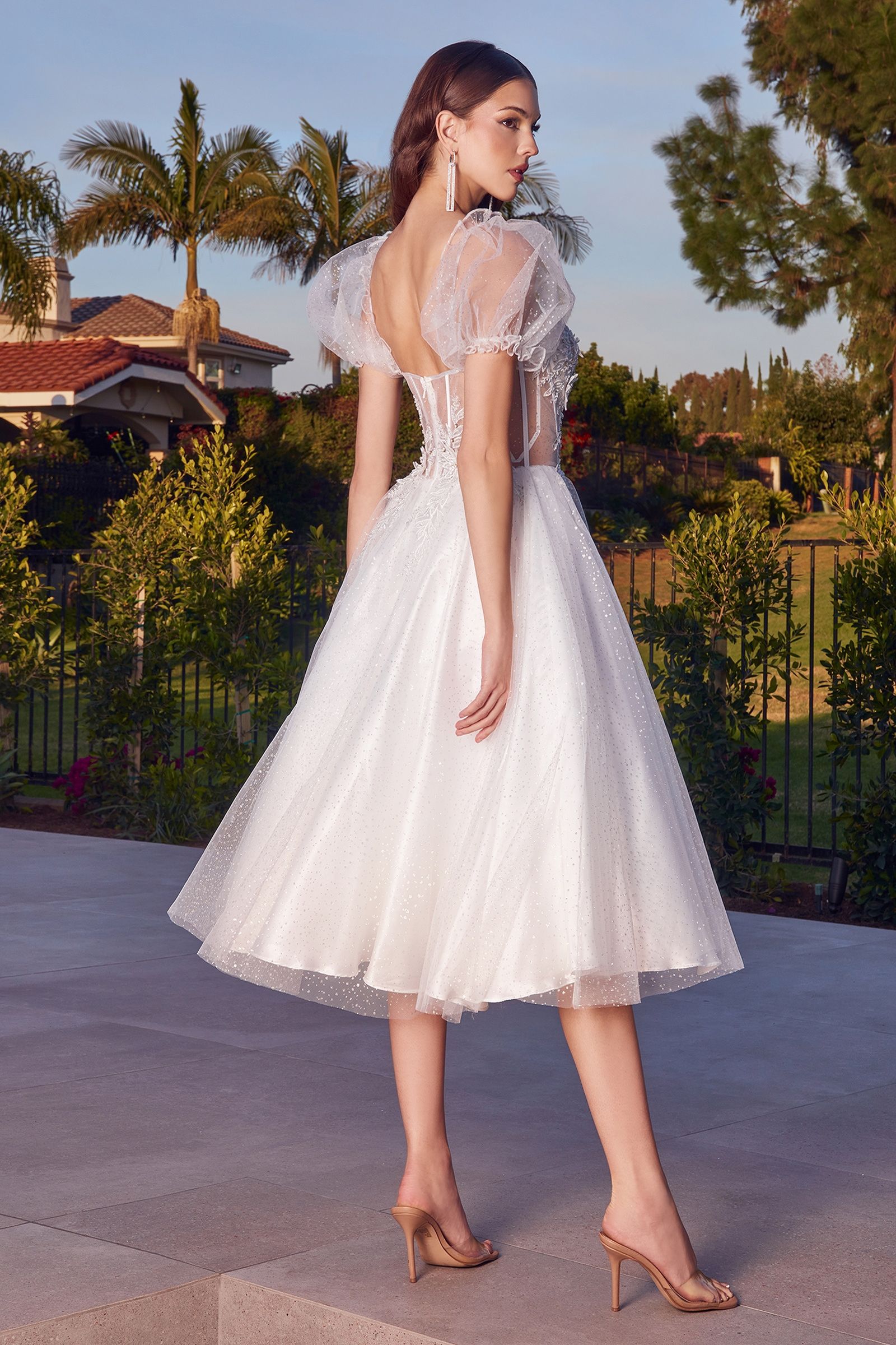 LaDivine CD0187W Tea Length Glitter Tulle Wedding Dress for Elopement & Intimate Ceremonies | Romantic A-Line Gown with Sparkle Details | Perfect for Beach Weddings, Courthouse Elopements & Vow Renewals