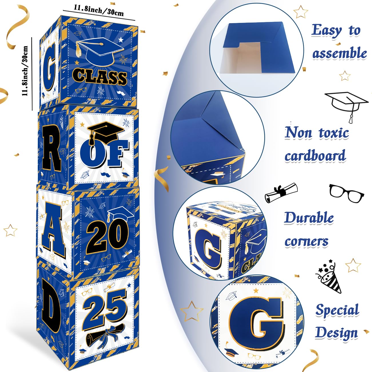 Class of 2025 Graduation Decorations - Blue & Gold Balloon Gift Box Set with GRAD Letters | High School & College Graduation Party Supplies | Perfect for Graduation Announcements, Open House Decor & Photo Backdrops