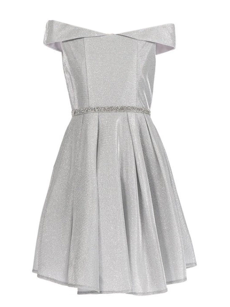 Sparkly Silver Glitter Off-Shoulder Junior Bridesmaid Dress for Girls Size 8-14 - Perfect for Weddings, Prom & Special Occasions
