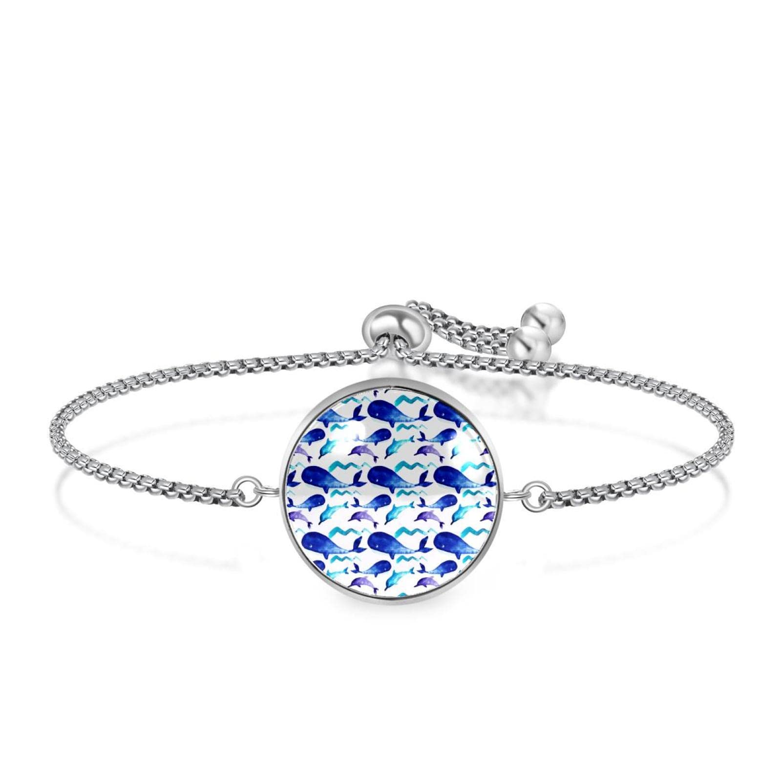 Handmade Adjustable Bracelet for Women - Watercolor Blue Whale & Dolphin Design - Perfect for Beach Vacations, Gifts & Casual Wear