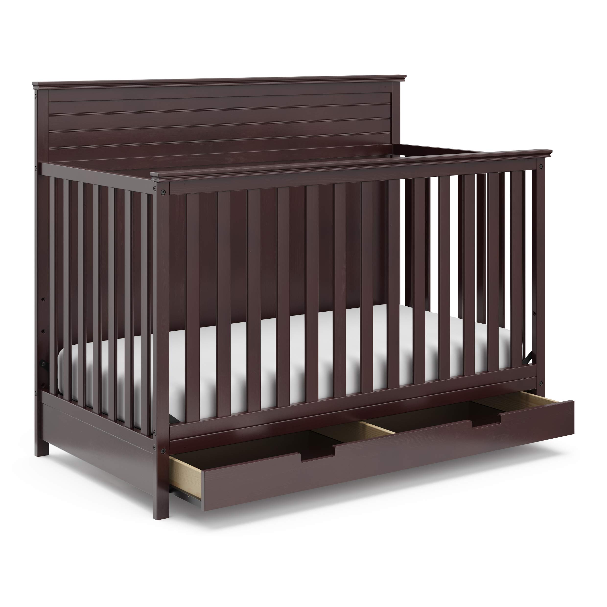 Storkcraft Homestead 5-in-1 Convertible Crib with Storage Drawer in Espresso - Baby Crib to Toddler Bed, Daybed & Full Bed Conversion - Nursery Furniture with Built-in Drawer for Baby Room Organization | Perfect for Newborns, Toddlers & Growing Kids