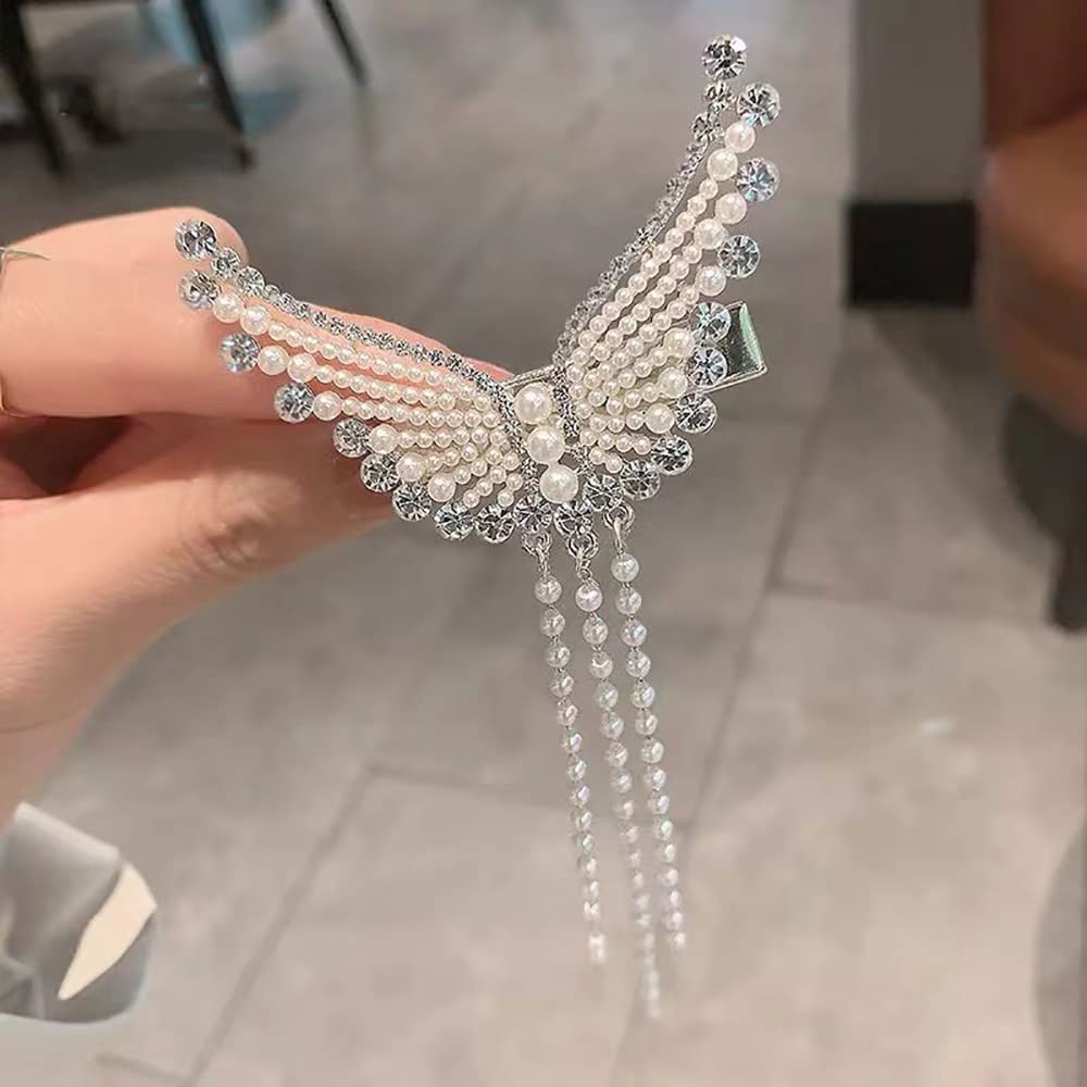 VSAKSH Crystal Pearl Butterfly Hair Claw Clip - Non-Slip Barrette, Sparkly Alligator Hair Clip for Women & Girls with Thin Hair - Perfect for Weddings, Parties & Daily Styling