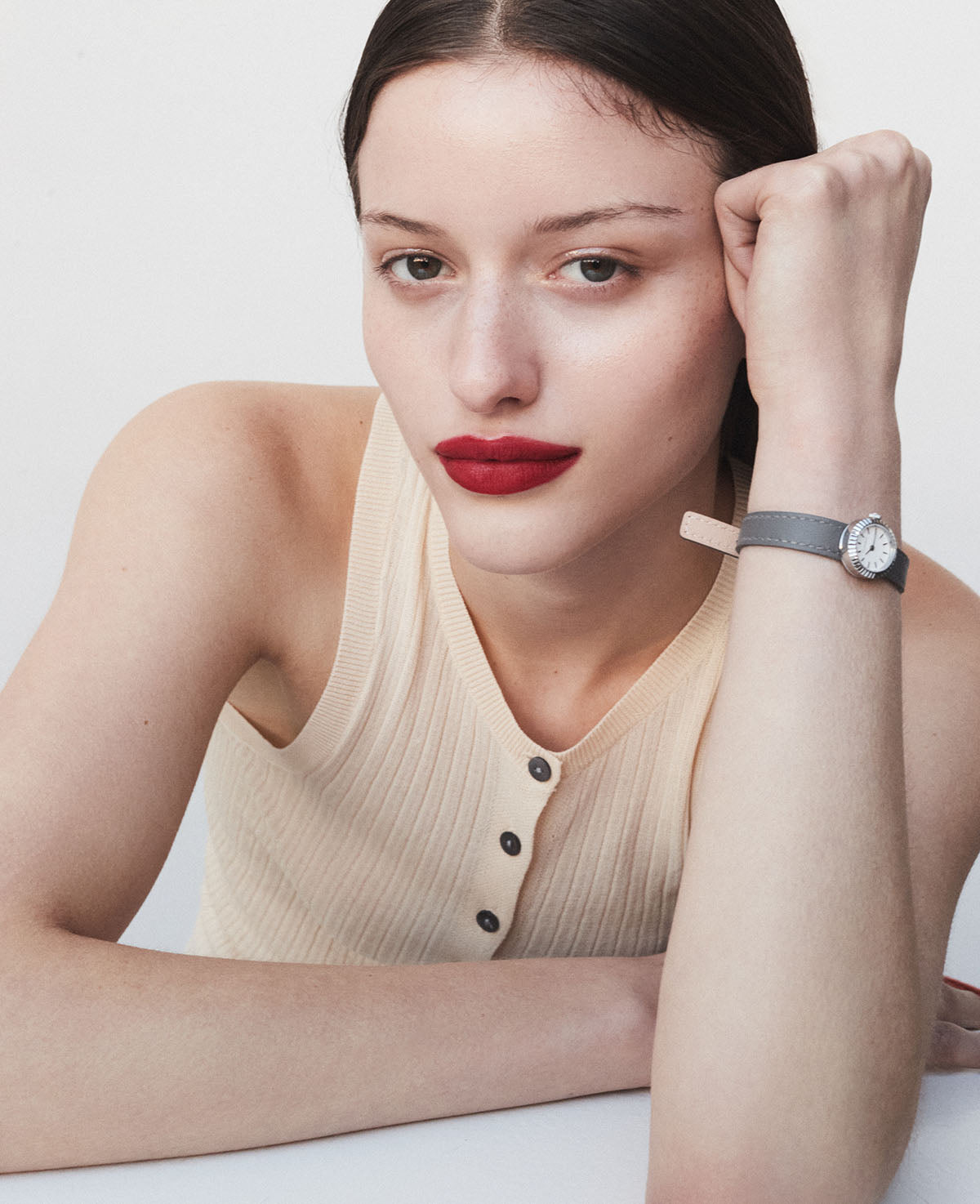 The Dot Watch - Polished Silver Stainless Steel Case, White Minimalist Dial, Dove Grey Genuine Leather Strap - Perfect for Business, Casual & Everyday Wear