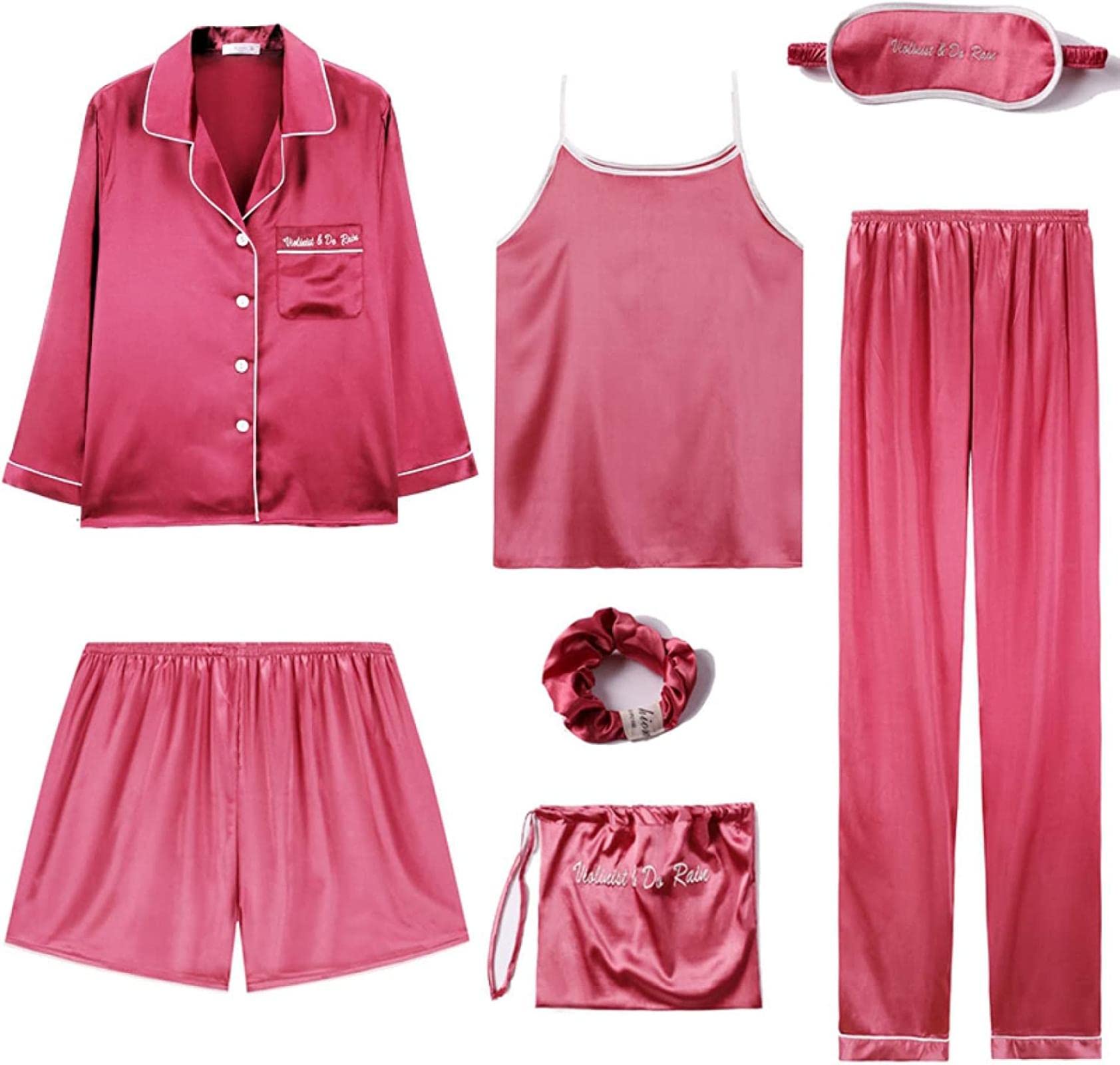 Women's 7-Piece Summer Satin Pajama Set with Suspenders - Soft Silk Sleepwear for Women - Comfortable Lounge & Home Wear - Perfect for Sleepovers, Relaxing at Home and Gift Giving
