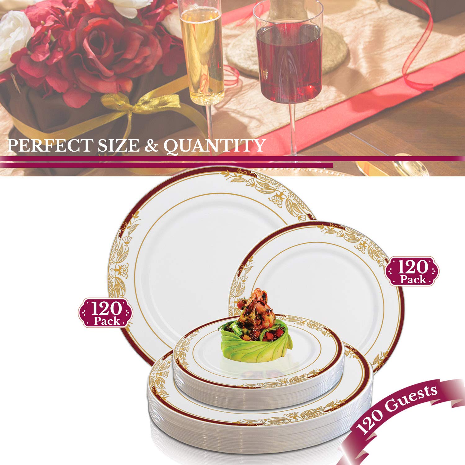 Premium Heavy Duty Disposable Plastic Dinnerware Sets - Elegant White with Burgundy & Gold Design Plates for Weddings, Birthdays, Parties & Special Events (120-Piece Combo Set) - Perfect for Catering, Banquets & Large Gatherings