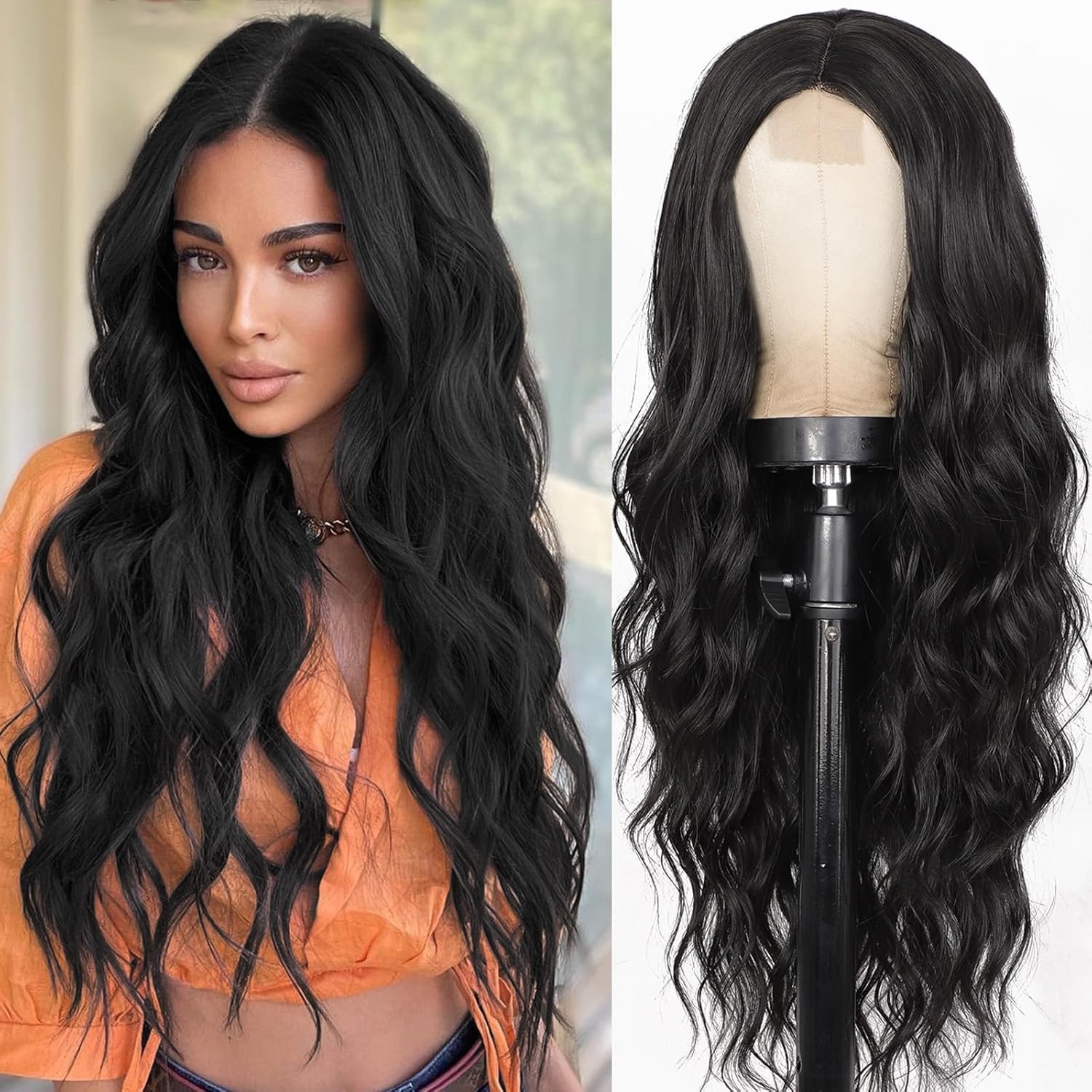 PORSMEER 26 Inch Long Black Wavy Wig for Women - Heat Resistant Synthetic Lace Front Wig with Middle Part, Natural Looking Curly Hair for Daily Wear & Party | Perfect for Cosplay, Halloween & Special Occasions