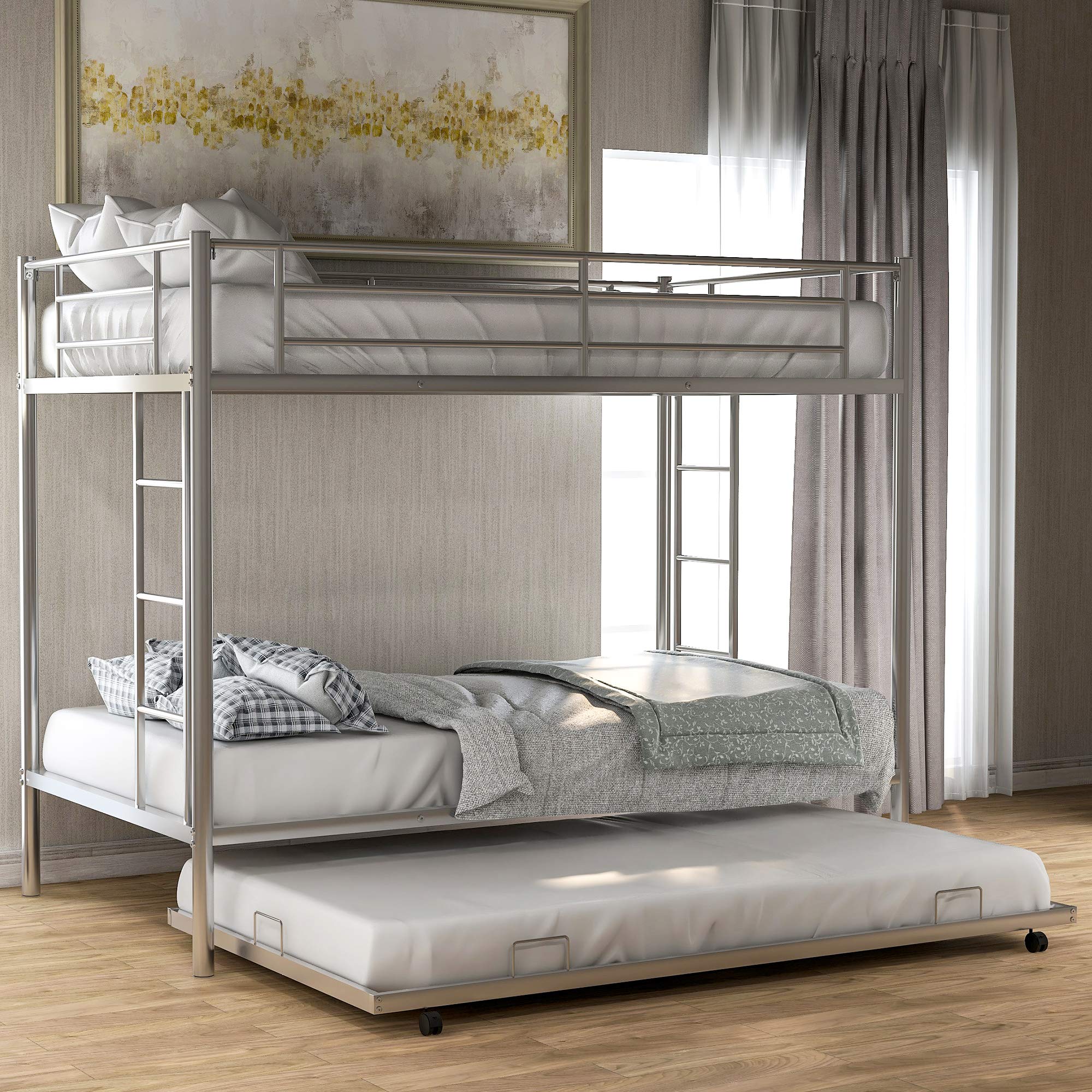 LZ LEISURE ZONE Twin Over Twin Metal Bunk Bed with Trundle - Sturdy Kids & Teens Bunk Bed Frame, No Box Spring Required (Silver) - Perfect for Small Bedrooms, Guest Rooms & Sleepovers
