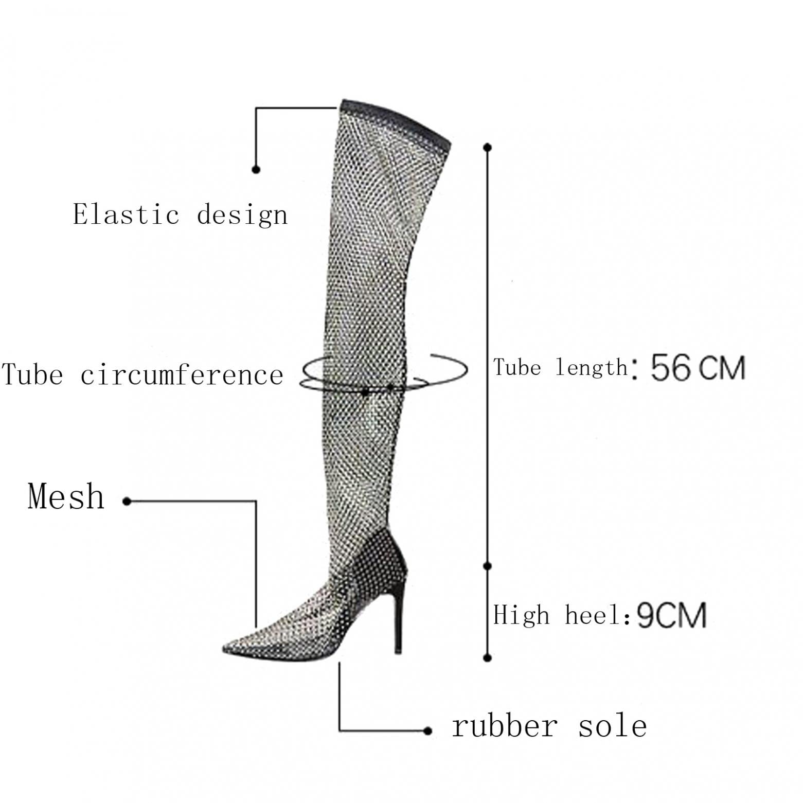 Sexy Black Clear Mesh Lace Rhinestone Stiletto Thigh High Boots for Women - Pointed Toe Over The Knee Dress Pumps, Slip On Tall Party Boots for Night Out, Club, Wedding & Special Occasions