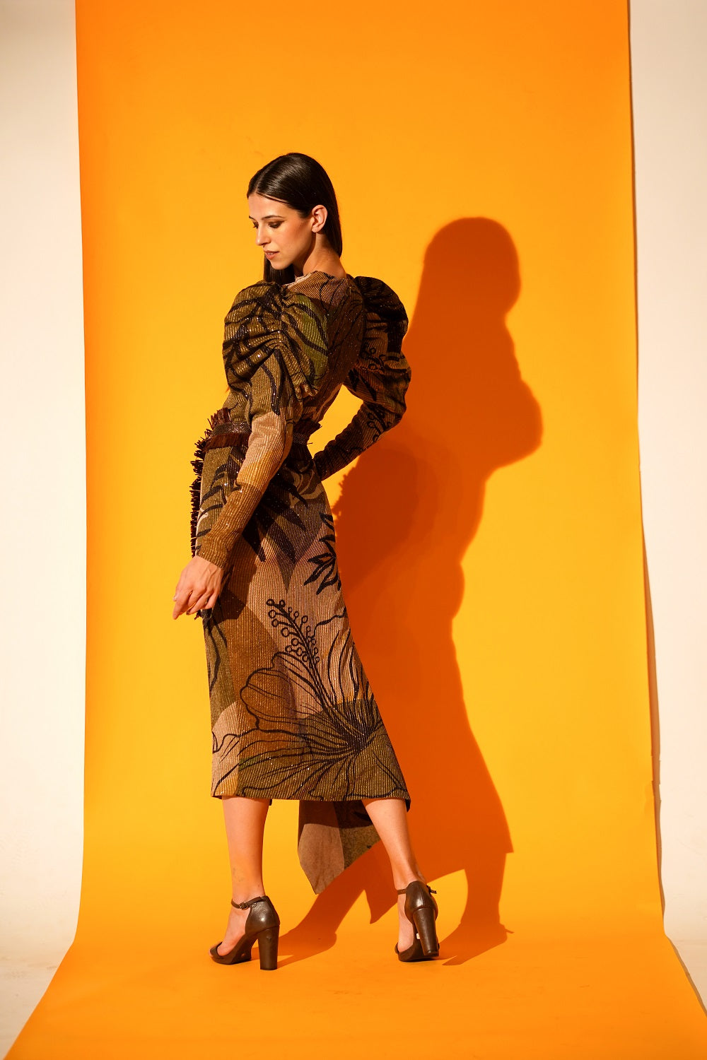 Tropical Brown Mutton Sleeve Slit Dress - Women's Elegant Summer Maxi Dress for Beach Vacation & Party Wear
