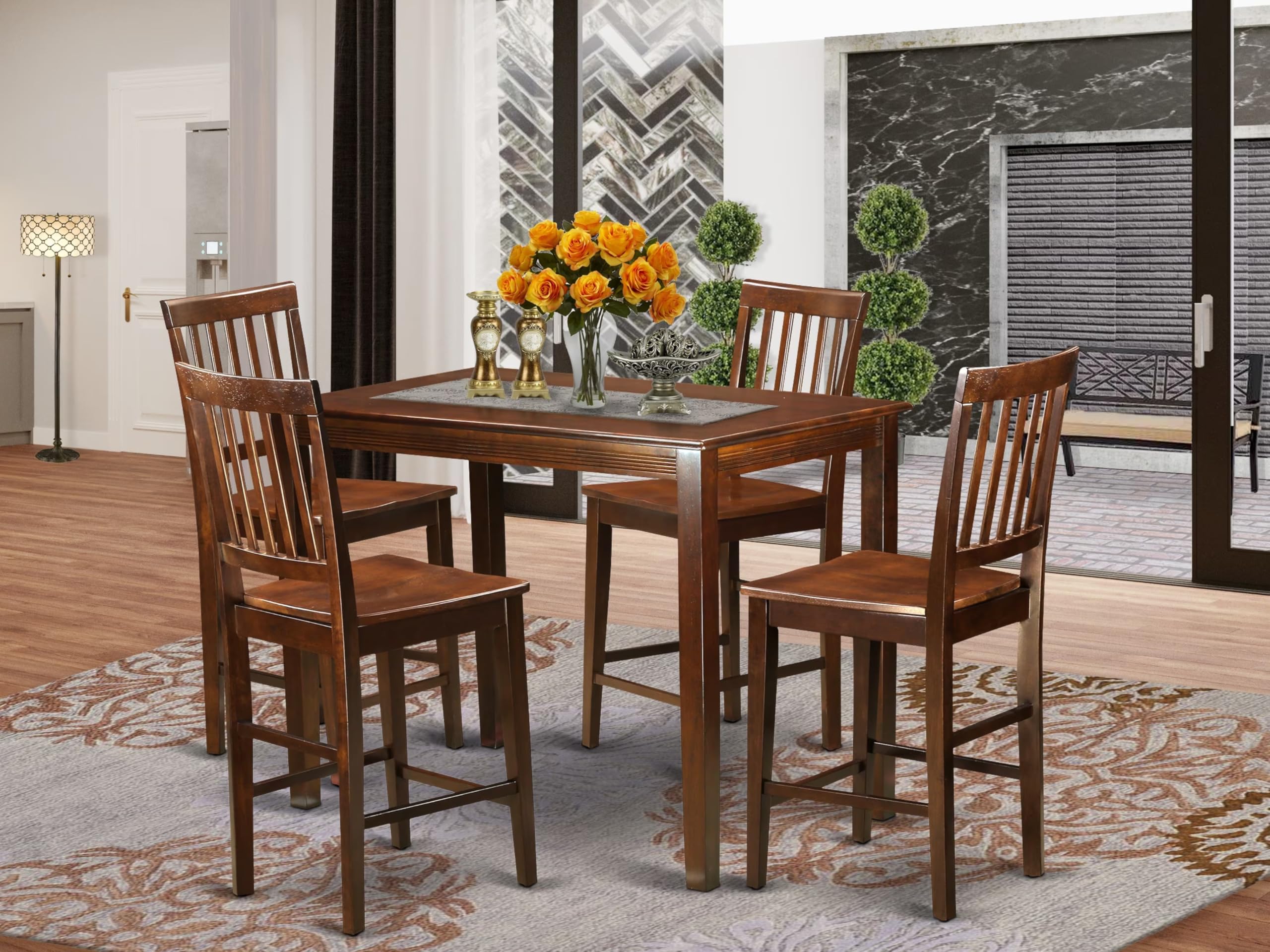 East West Furniture 5-Piece Counter Height Dining Set - Rectangle Dinette Table & 4 Kitchen Chairs, 30x48 Inch, Mahogany - Perfect for Small Kitchens, Breakfast Nooks & Modern Apartments