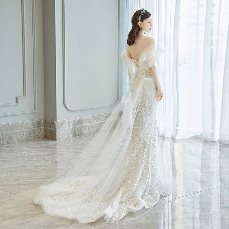 Elegant Mermaid Sequins Wedding Dress - Off Shoulder Long Evening Gown with Train for Bride - Perfect for Beach, Church, and Formal Wedding Ceremonies