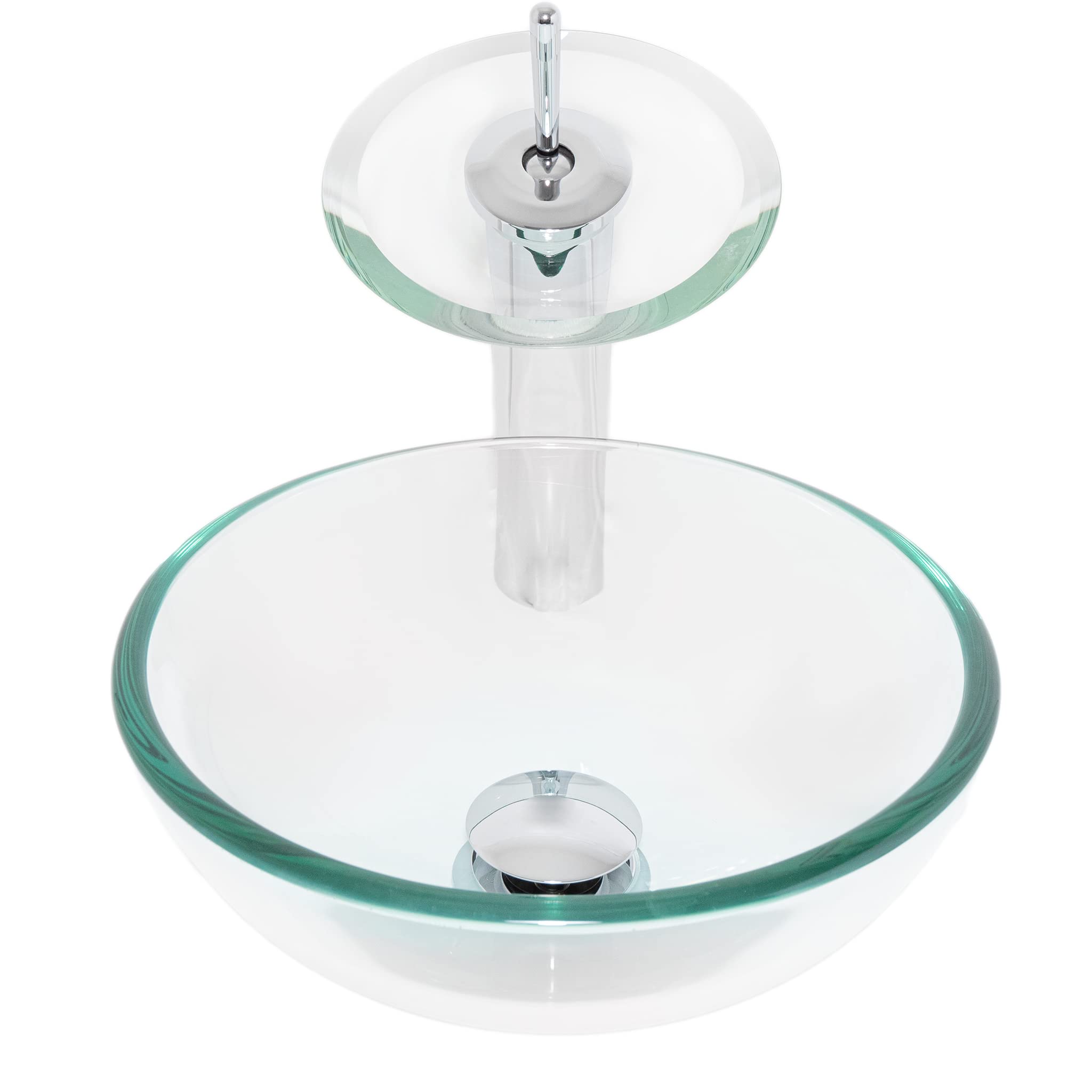 Clear Mini Glass Vessel Sink with Chrome Waterfall Faucet Set - Modern Bathroom Vanity Sink for Powder Room, Guest Bath & Small Space Installation