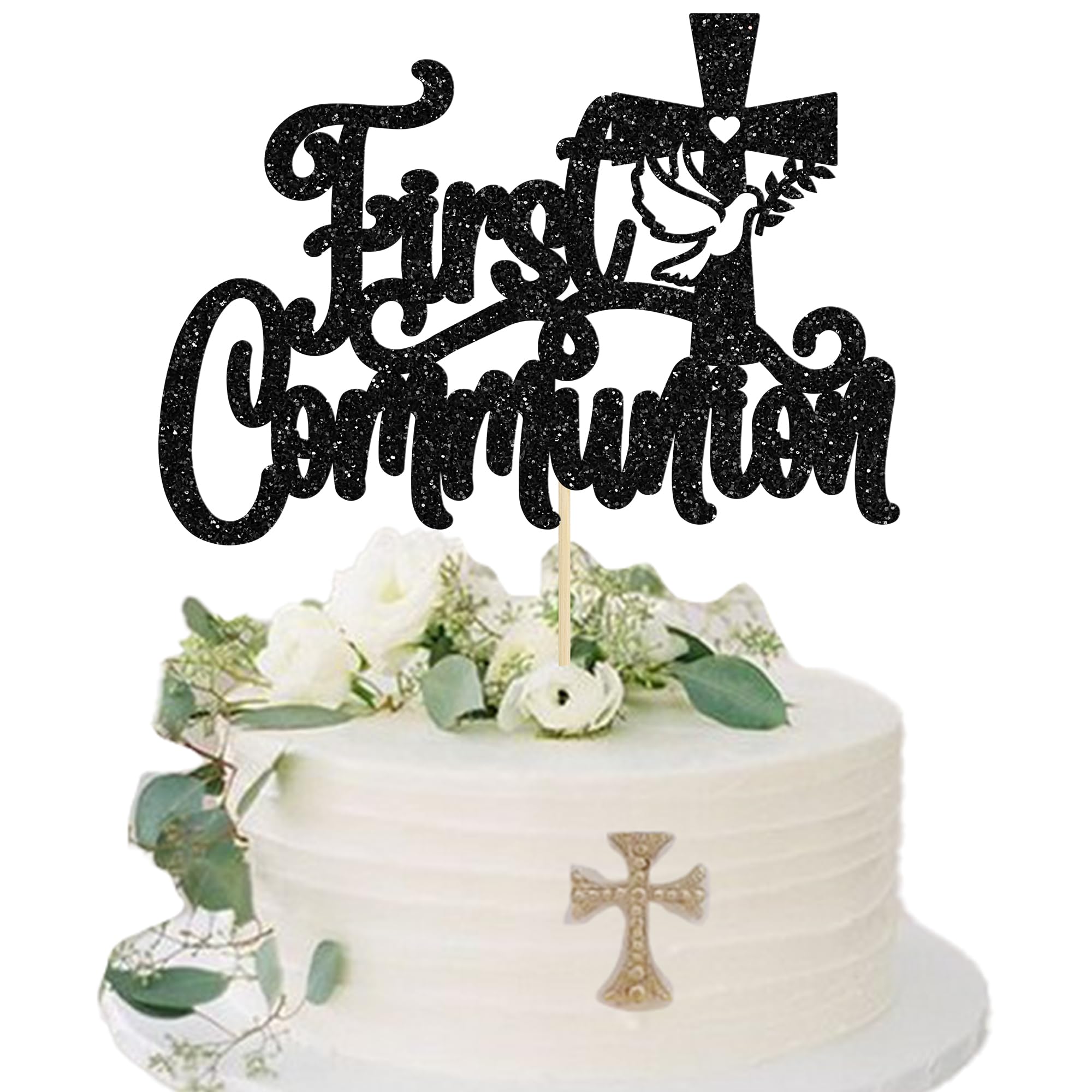1Pcs Black Glitter First Communion Cake Topper - God Bless Cake Decoration for Kids | Religious Party, Baptism, Confirmation & Wedding Celebrations